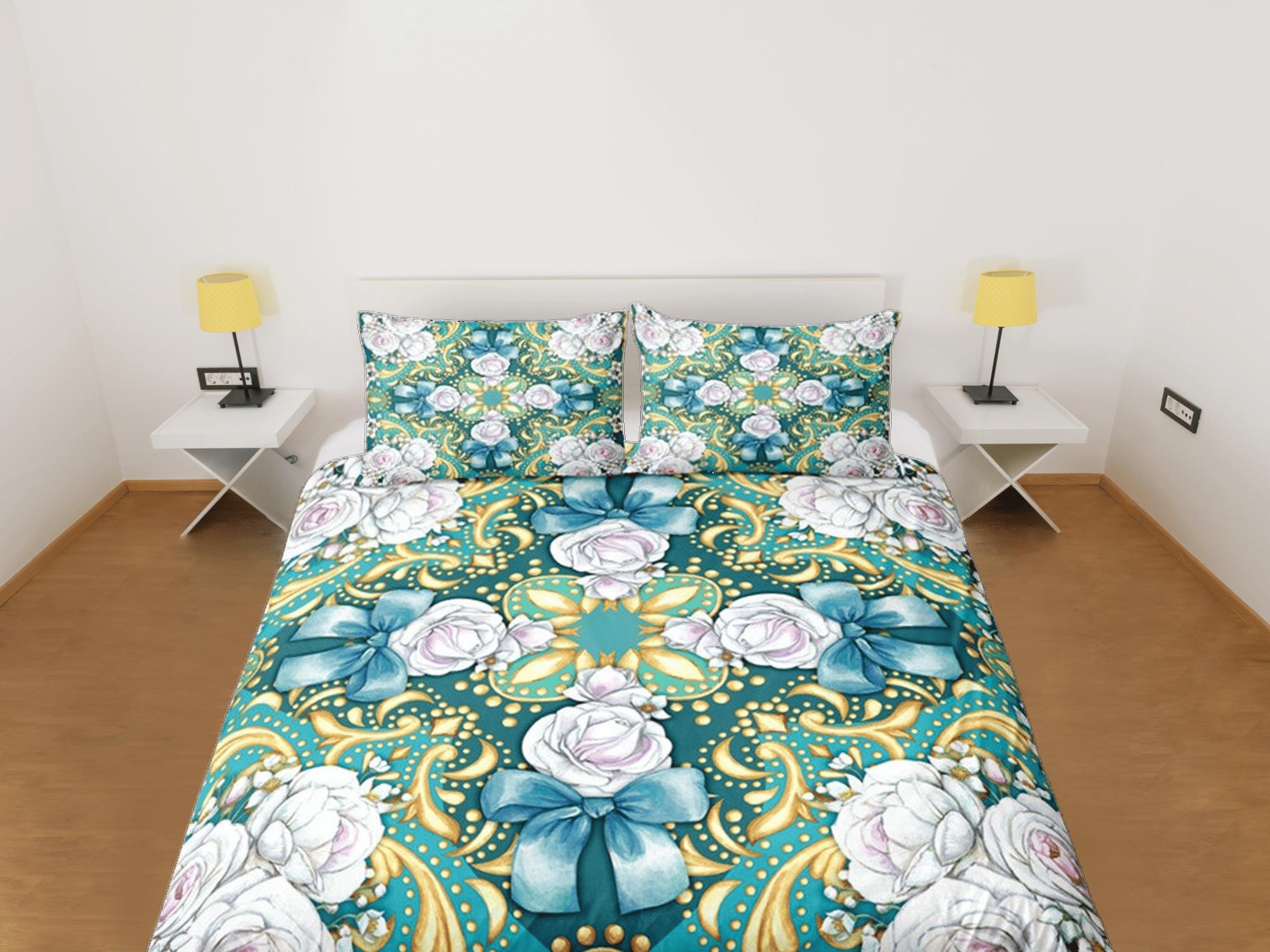 daintyduvet Elegant Roses Green Duvet Cover Set Bedspread, Floral Dorm Bedding Pillowcase