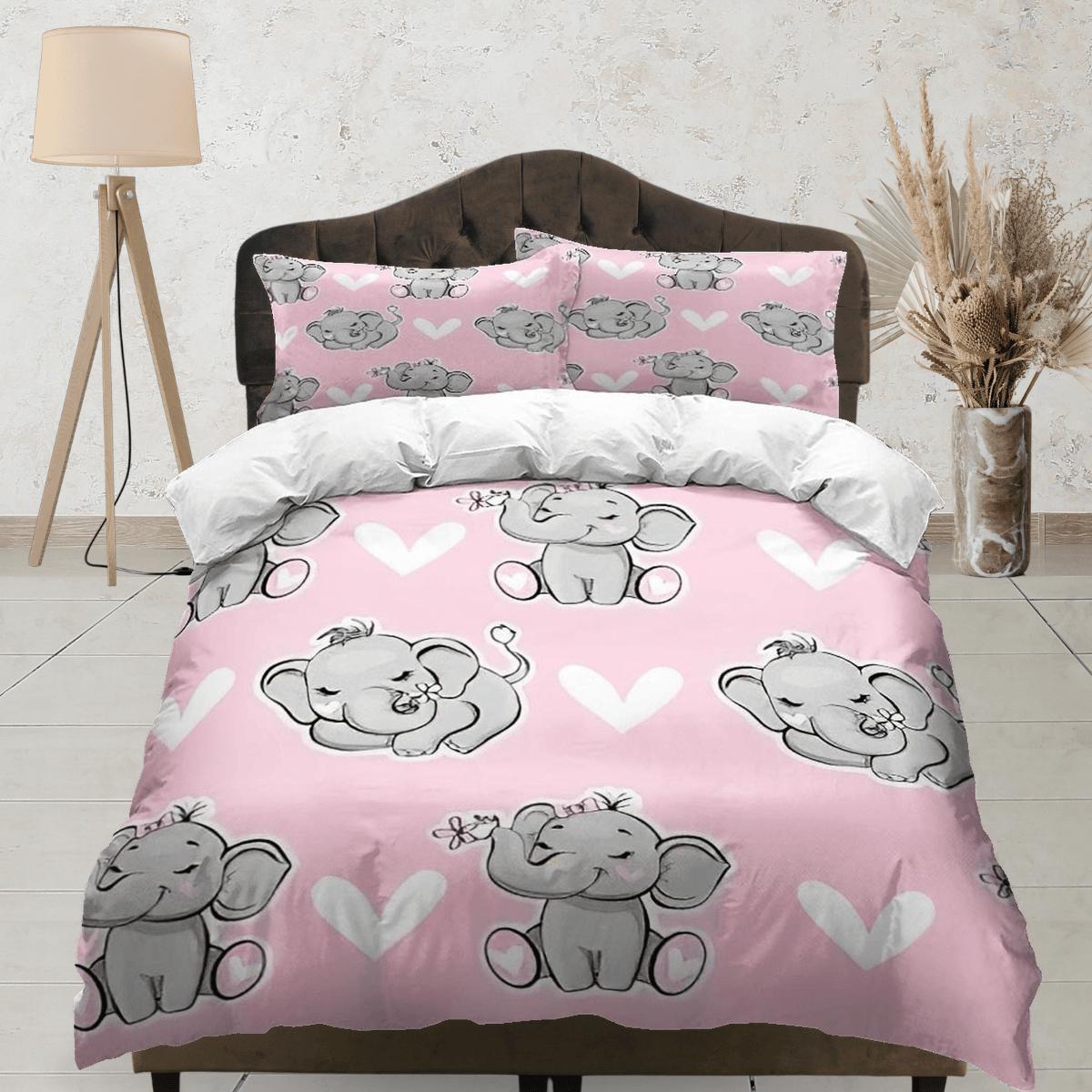 daintyduvet Elephant with hearts baby pink bedding cute duvet cover set, kids bedding full, nursery bed decor, elephant baby shower, toddler bedding