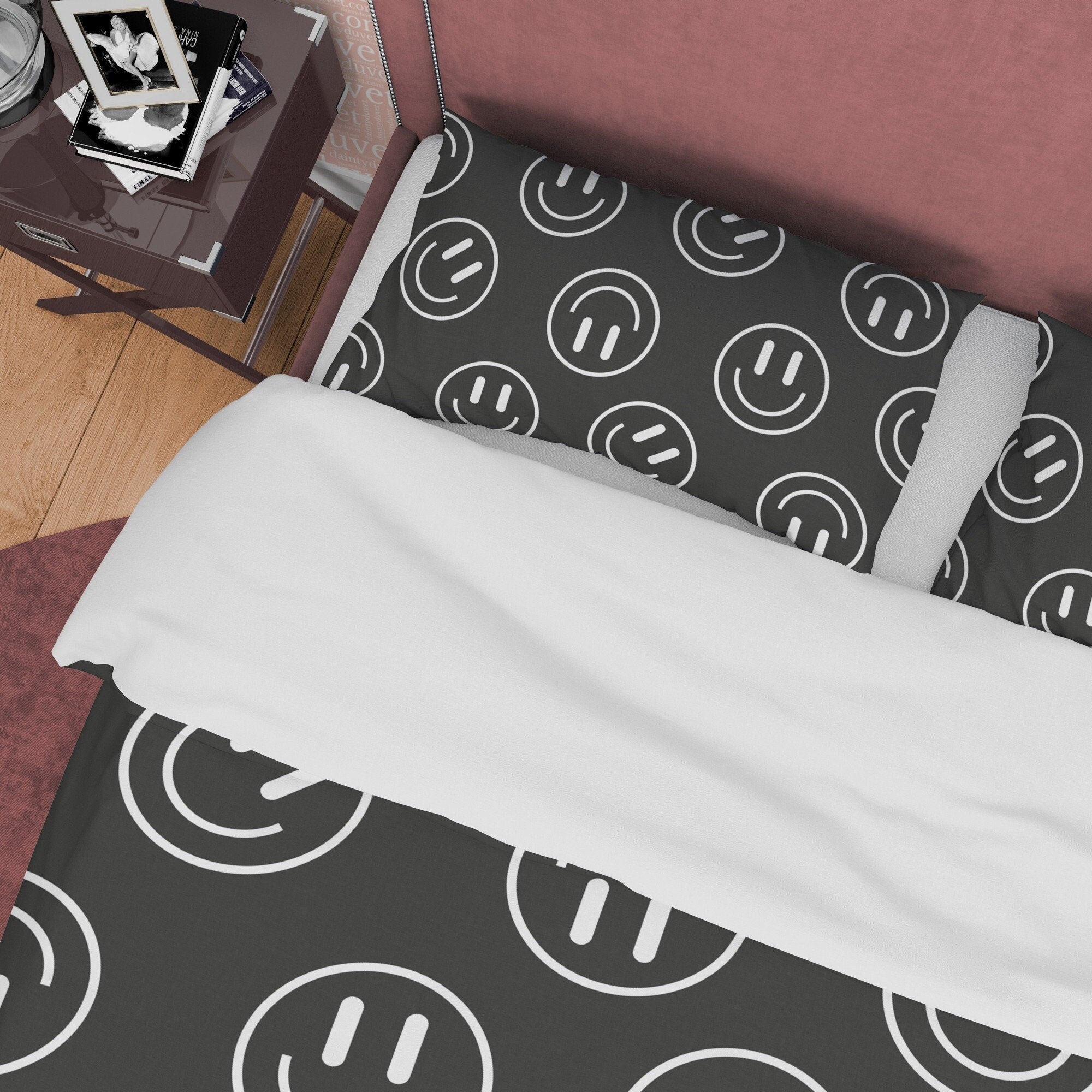Emoji Black and White Duvet Cover Set, Happy Face Blanket Cover Retro Printed Bedding Set, 90s Nostalgia Quilt Cover, Groovy Bedspread
