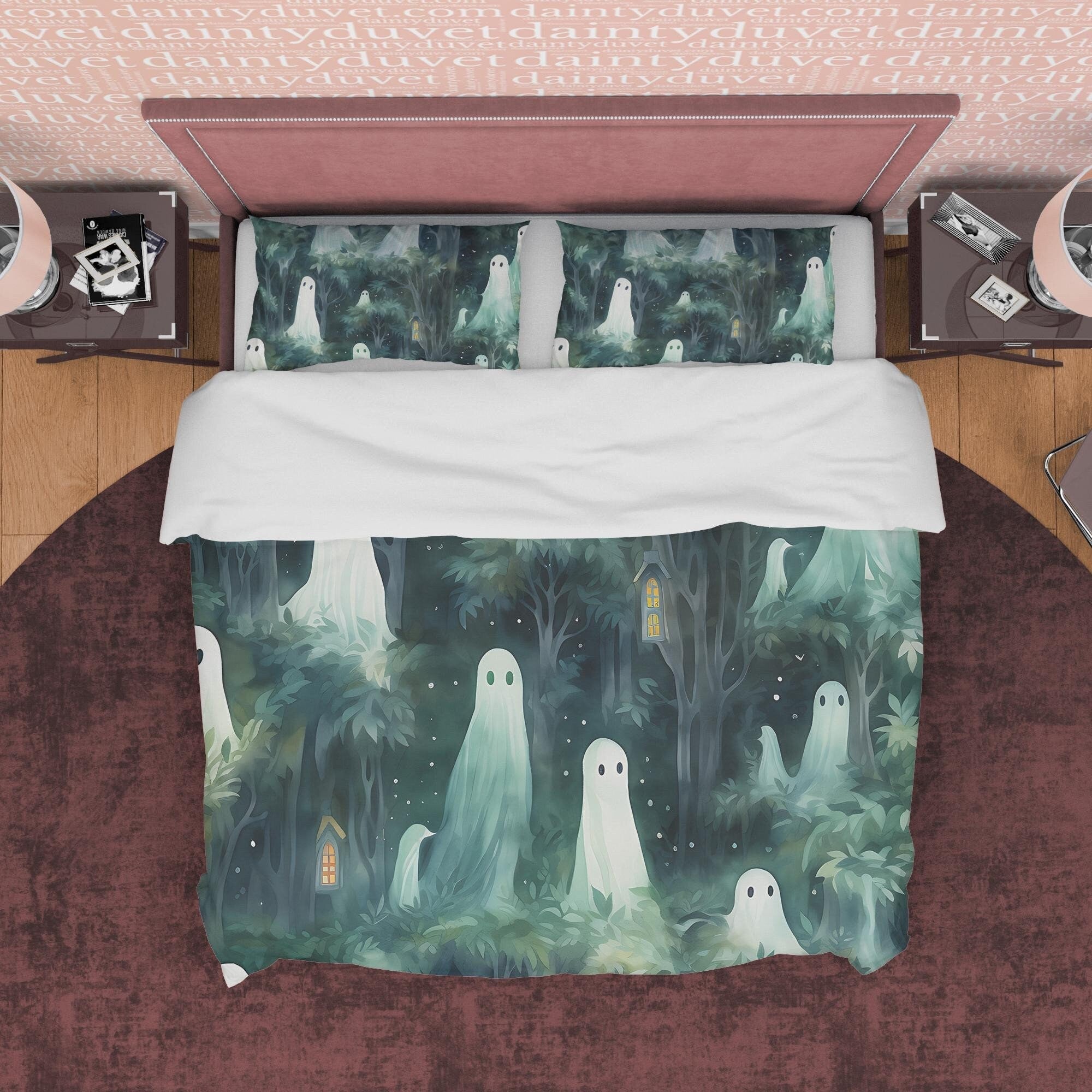 Enchanted Forest Duvet Cover Set, Ghost Quilt Cover Aesthetic Zipper Bedding, Halloween Room Decor, Haunted Midnight Blanket Cover