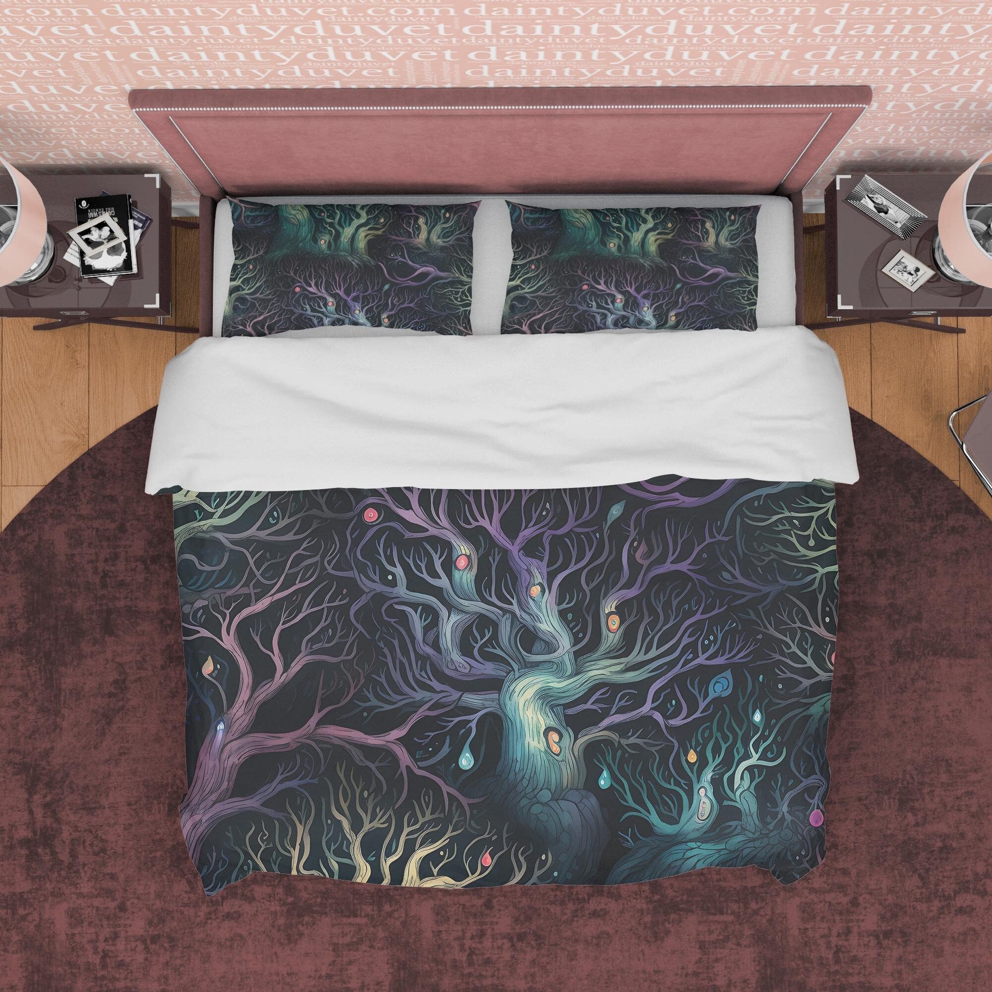 Enchanted Forest, Green and Purple Shades, Halloween Duvet Cover Set, Aesthetic Bedding, Spooky Room Decor, US, European, Australian Sizes