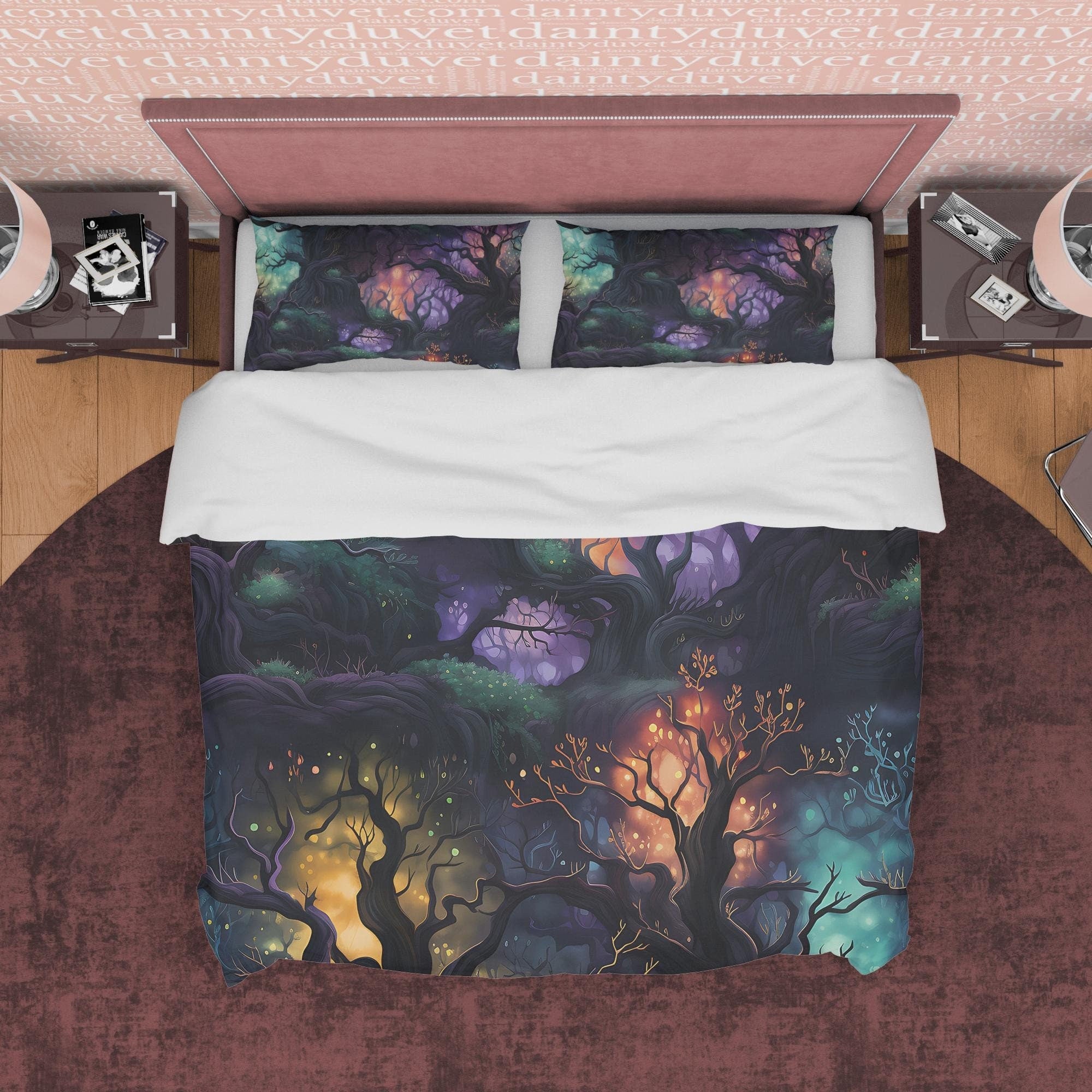 Enchanted Forest with Colorful Lights, Halloween Duvet Cover Set, Aesthetic Bedding, Spooky Room Decor, US, European, Australian Sizes