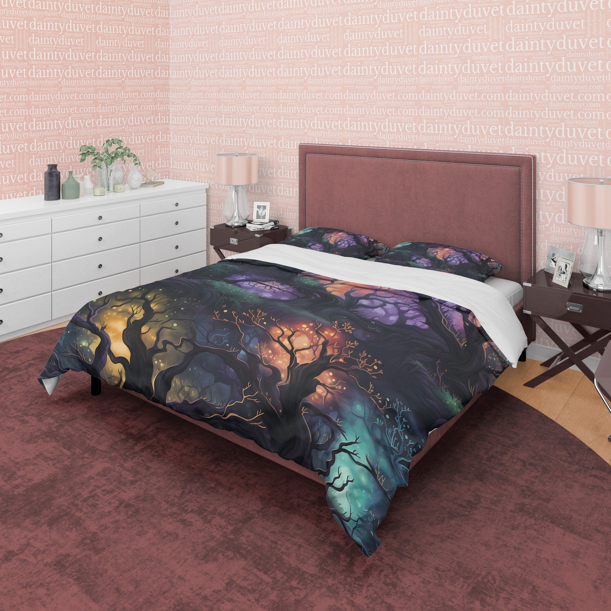 Enchanted Forest with Colorful Lights, Halloween Duvet Cover Set, Aesthetic Bedding, Spooky Room Decor, US, European, Australian Sizes