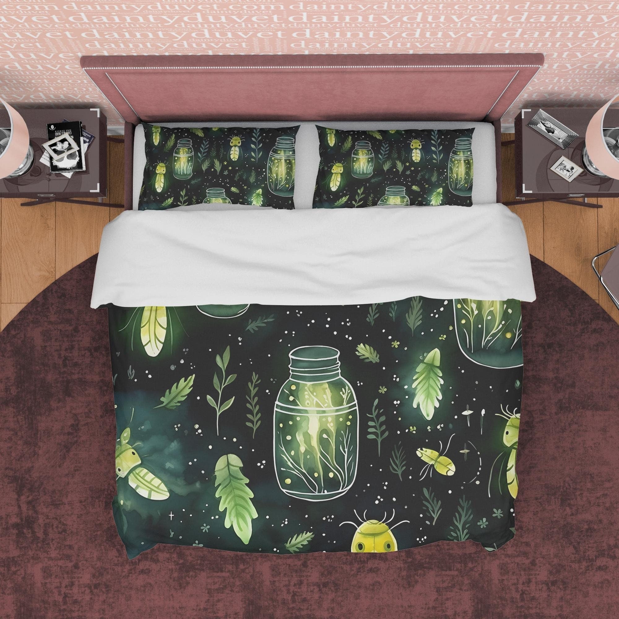 Enchanted Insect Jar Duvet Cover Set, Green Mythical Aesthetic Zipper Bedding, Halloween Room Decor, Glowing Leaf Unique Blanket Cover