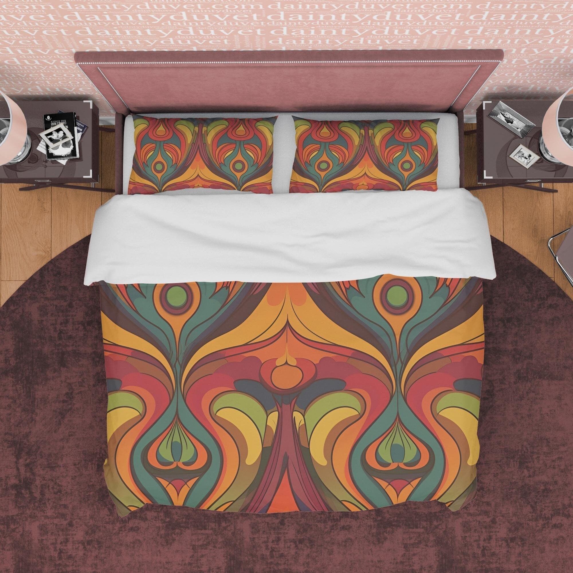 European Geometric Retro Bedding Set, Vintage Pattern Duvet Cover, Rustic Quilt Cover, Unique Brown Bedding, Zipper Bedding