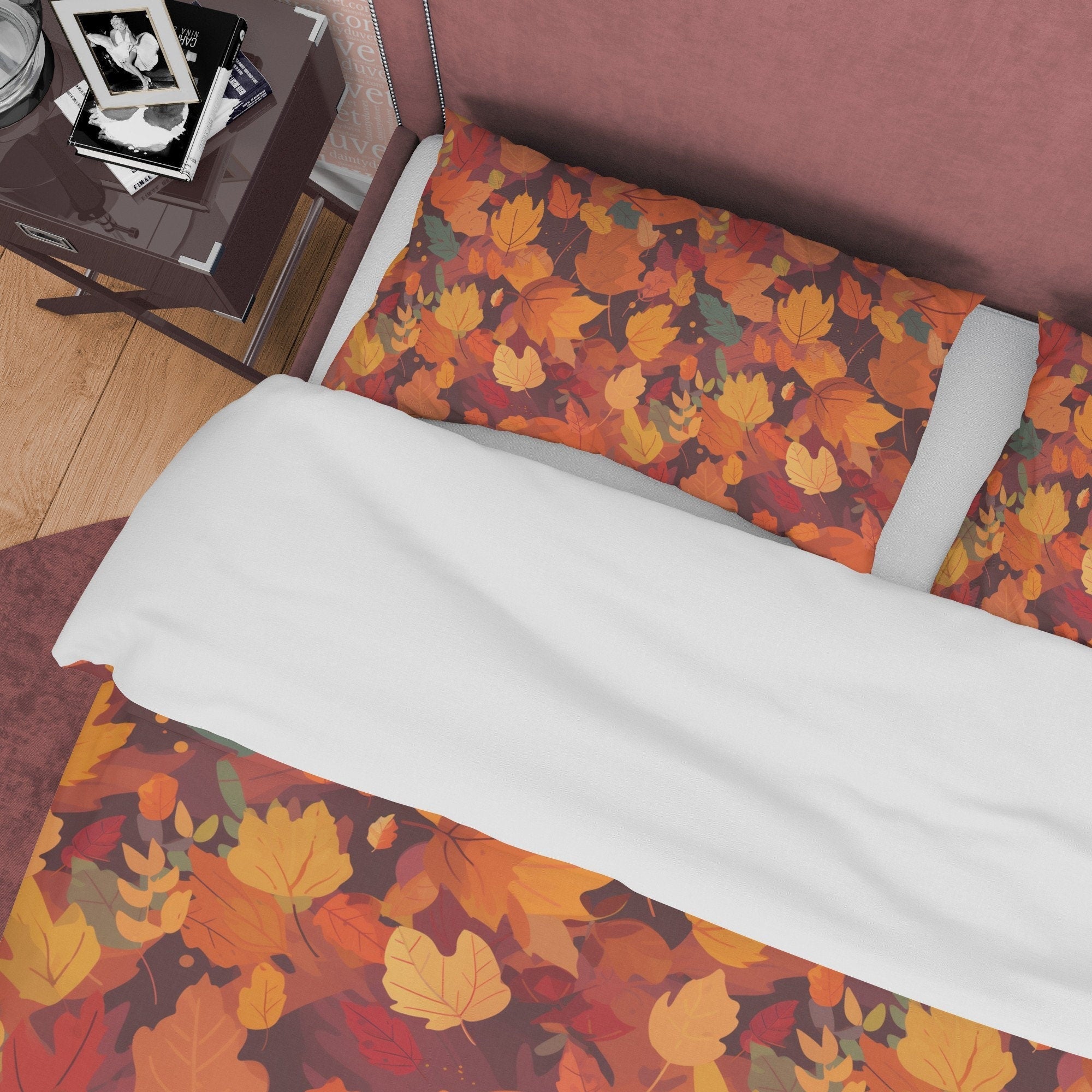 Fallen Leaves Orange Duvet Cover Autumn Bedding Set, Warm Autumn Colors Printed Quilt Cover, Foliage Bedspread