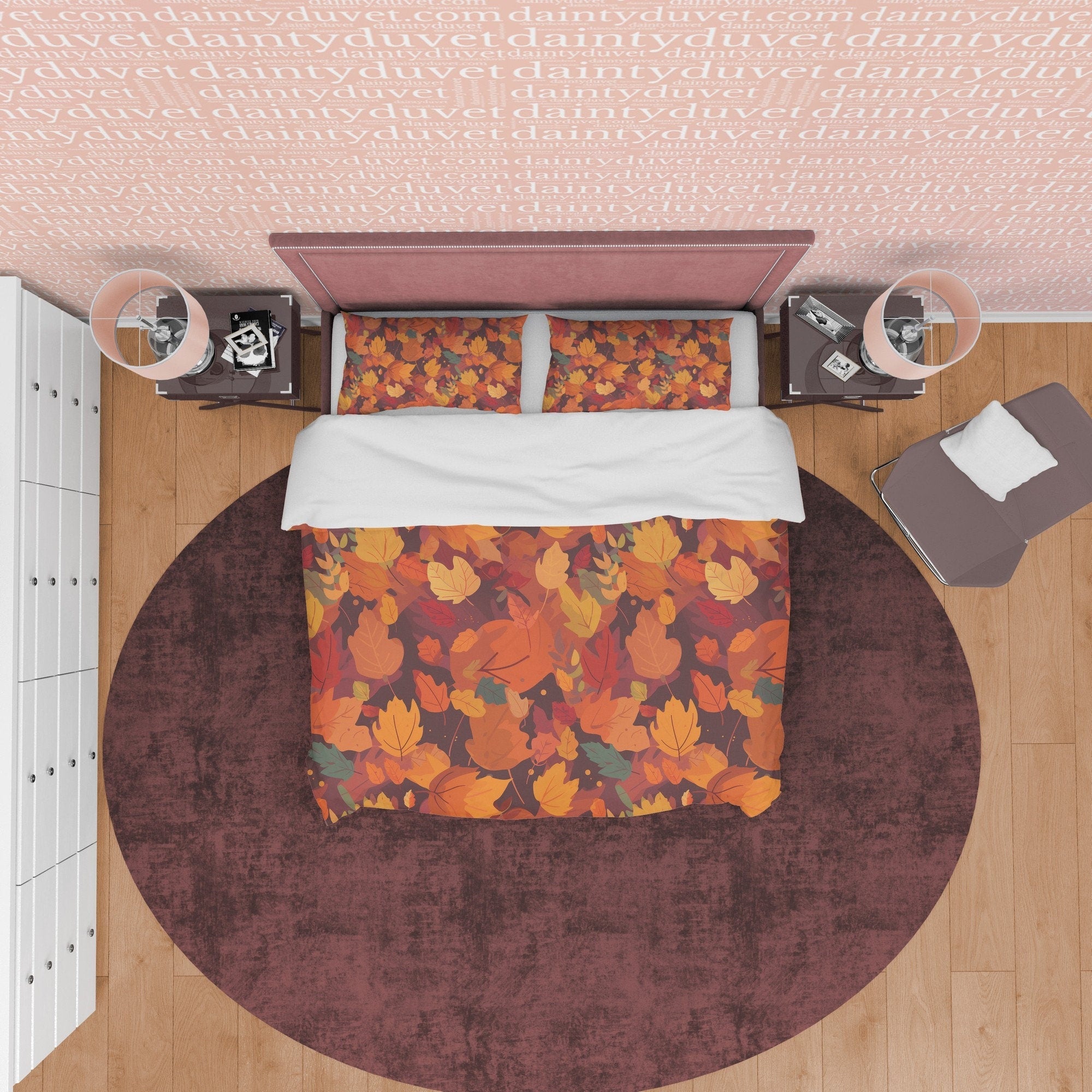 Fallen Leaves Orange Duvet Cover Autumn Bedding Set, Warm Autumn Colors Printed Quilt Cover, Foliage Bedspread