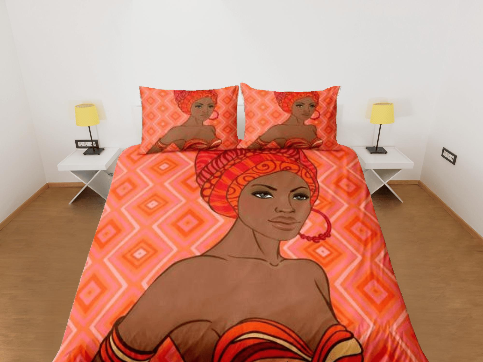 daintyduvet Feminist afro woman bedding set peach pink duvet cover, boho bedding african ethnic design, afrocentric designer bedding, south african gift