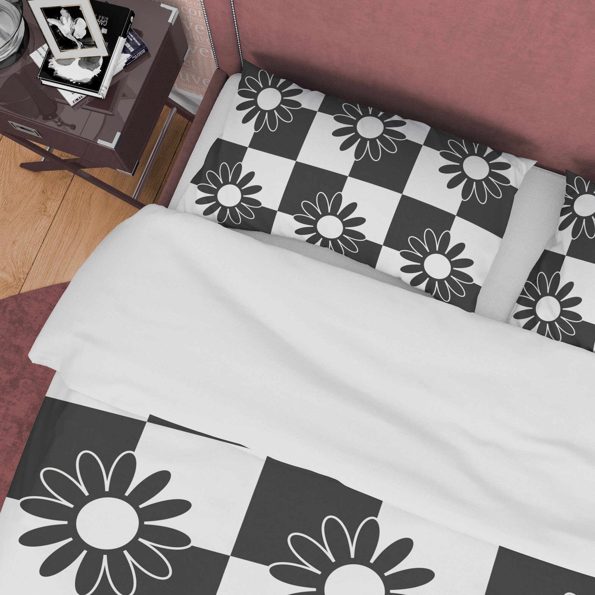 Floral Black and White Duvet Cover Set, Checkered Blanket Cover Retro Printed Bedding Set, Groovy Bedspread, 90s Nostalgia Quilt Cover