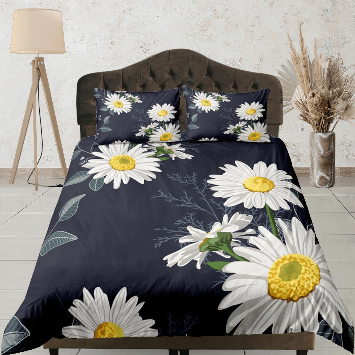 daintyduvet Floral Black Duvet Cover Set, White Daisy Bedspread Dorm Bedding Set Bedding Single