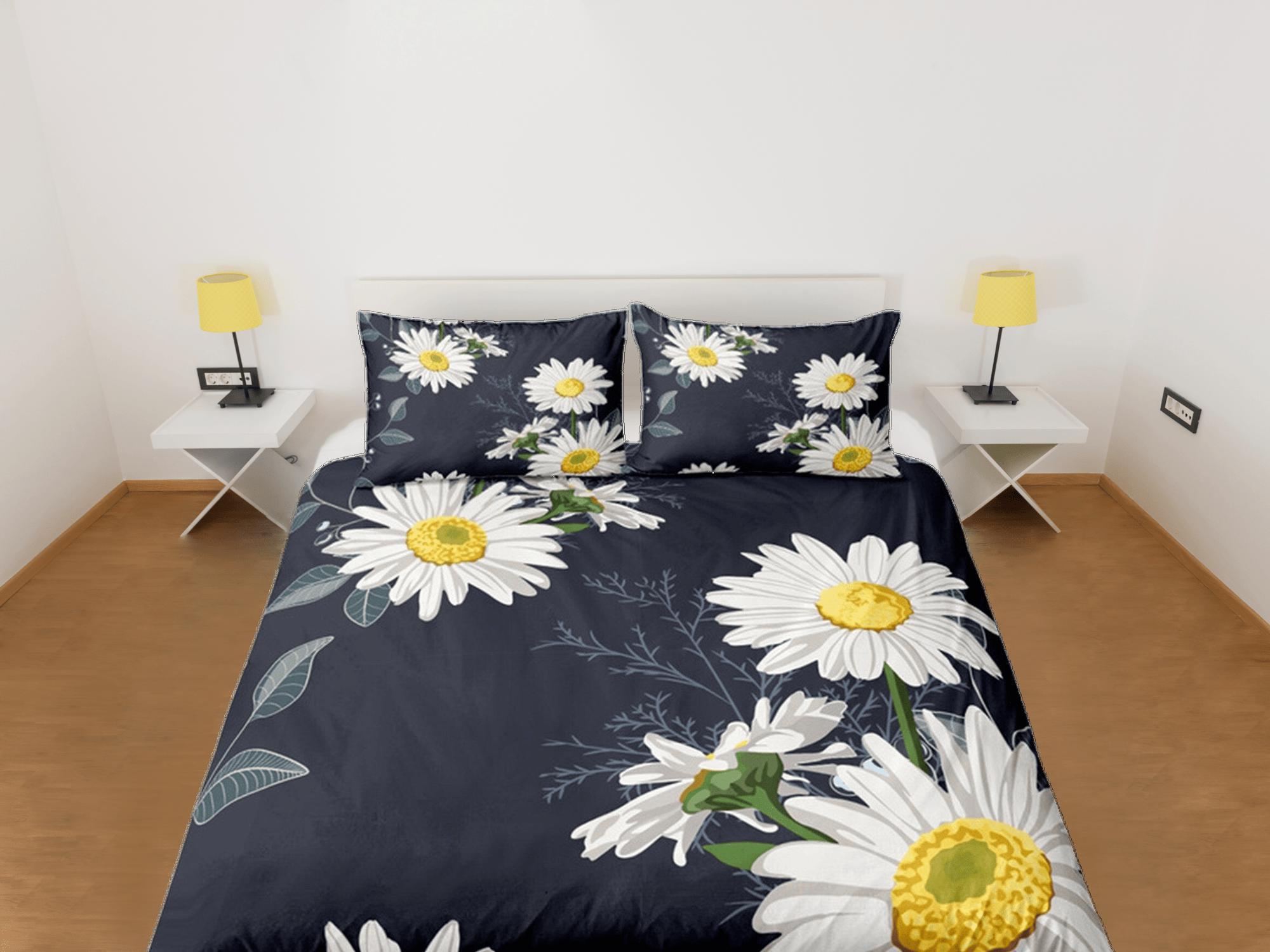 daintyduvet Floral Black Duvet Cover Set, White Daisy Bedspread Dorm Bedding Set Bedding Single