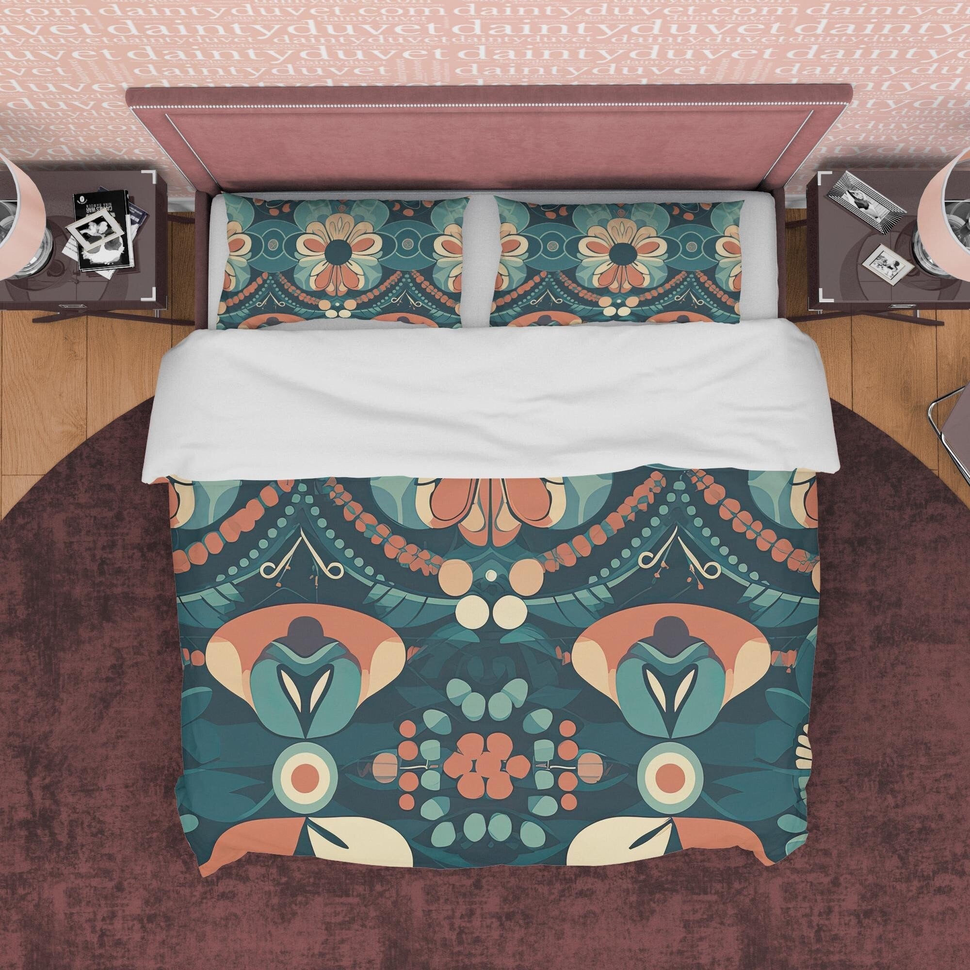 Floral Retro Bedding Set, Geometric Duvet Cover, Matte Color Quilt Cover, Bohemian Bedspread, Unique Abstract Bed Cover, Zipper Bedding