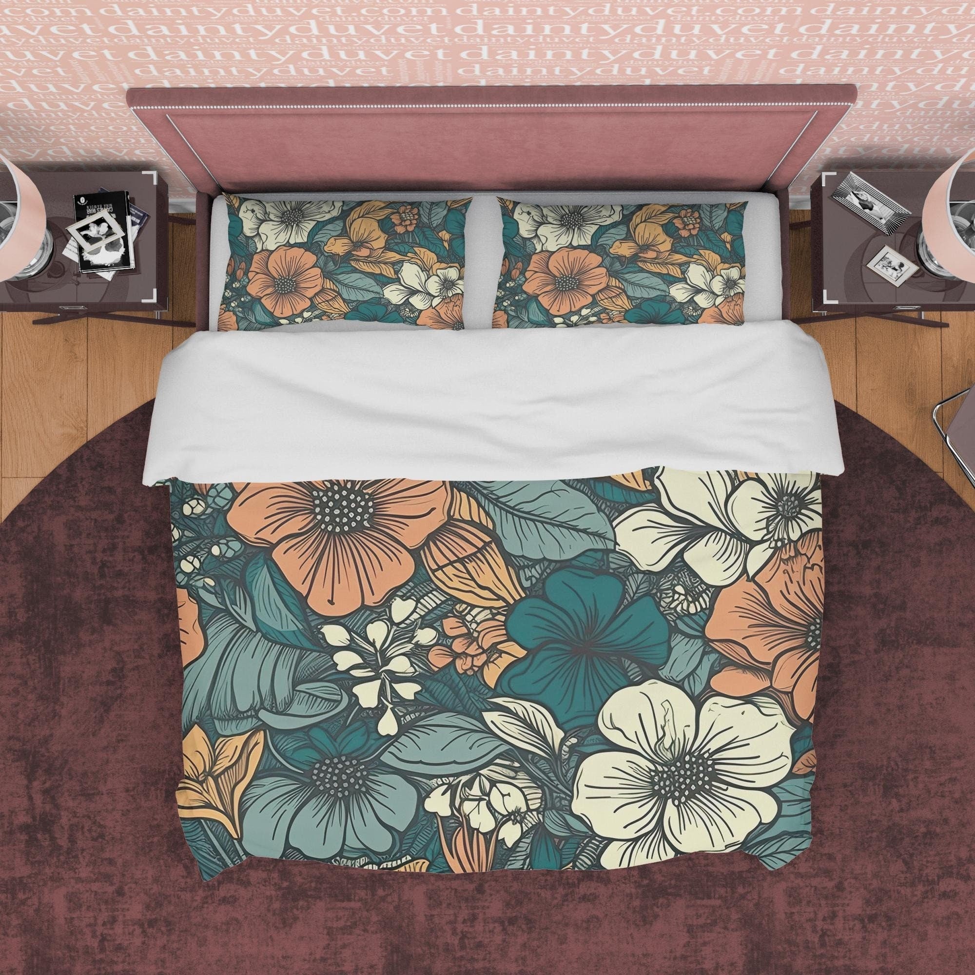 Floral Retro Bedding Set, Green Cotton Duvet Cover, Random Flower Quilt Cover, Unique Bedspread, 70's Nostalgia Bed Cover, Zipper Bedding