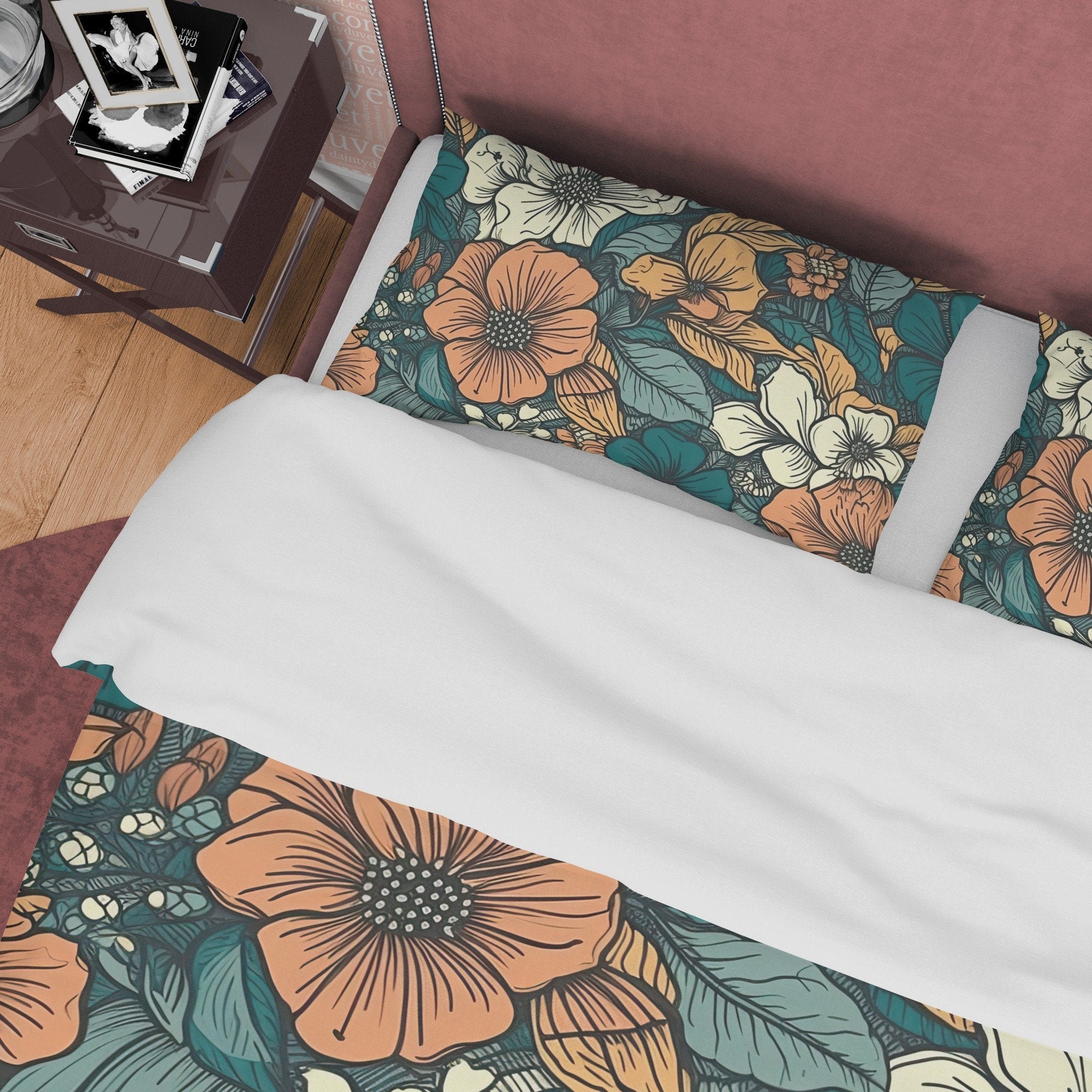 Floral Retro Bedding Set, Green Cotton Duvet Cover, Random Flower Quilt Cover, Unique Bedspread, 70's Nostalgia Bed Cover, Zipper Bedding
