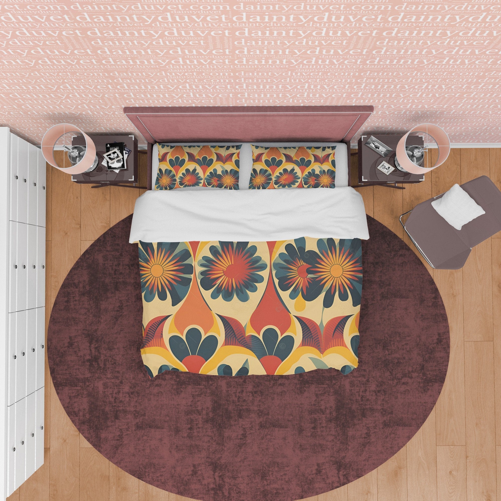 Floral Rustic Retro Bedding Set, Vintage Summer Duvet Cover, Boho Orange Brown Flower Quilt Cover, 70's Pattern Bed Cover, Zipper Bedding