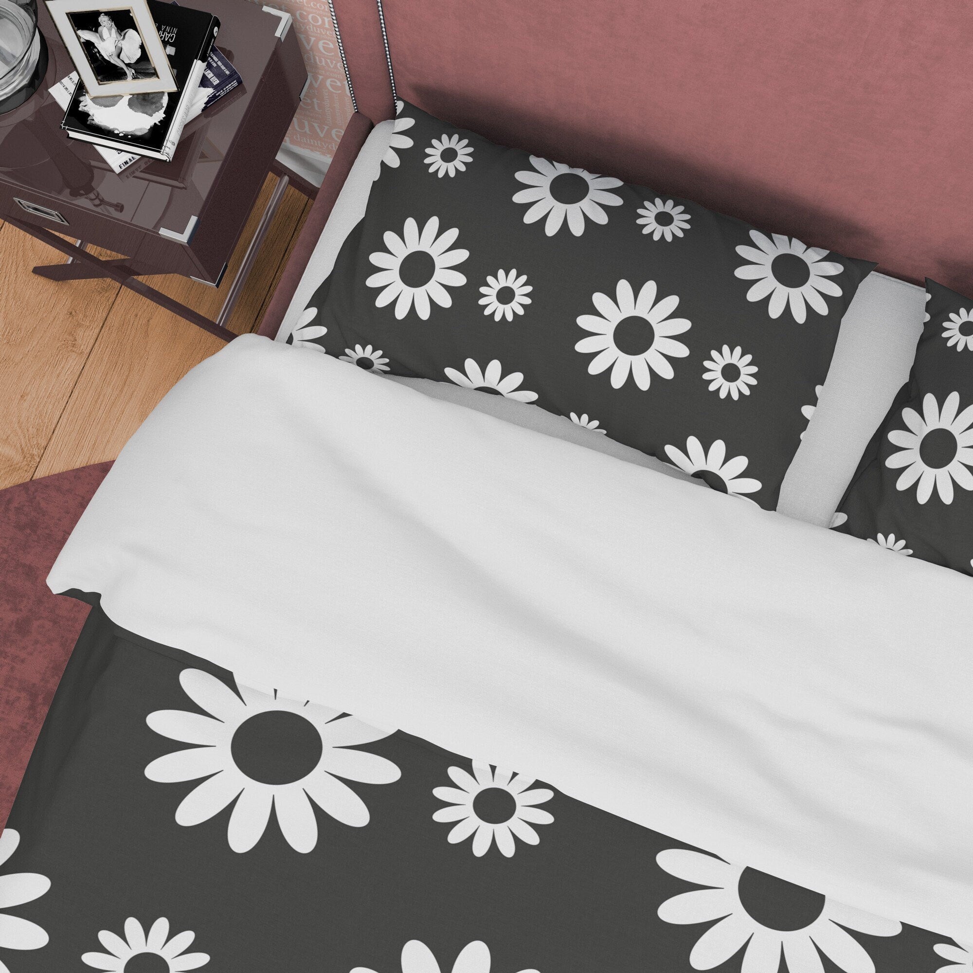 Flower Black and White Duvet Cover Set, Simple Floral Blanket Cover Retro Printed Bedding Set, 90s Nostalgia Quilt Cover, Groovy Bedspread