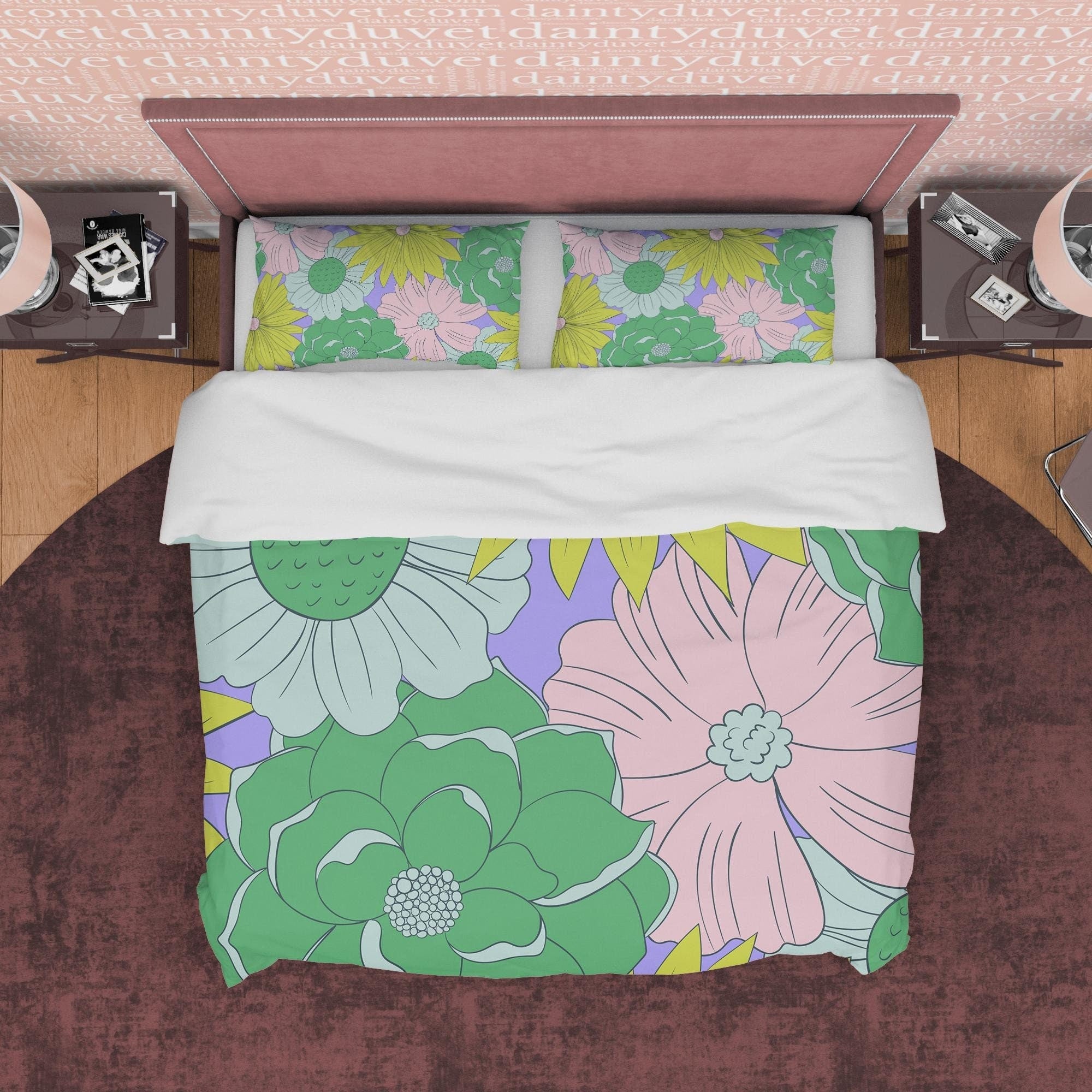 Flower Green  Boho Bedding Colorful Duvet Cover Bohemian Bedroom Set, Floral Quilt Cover, Aesthetic Bedspread, Bright Unique Room Decor