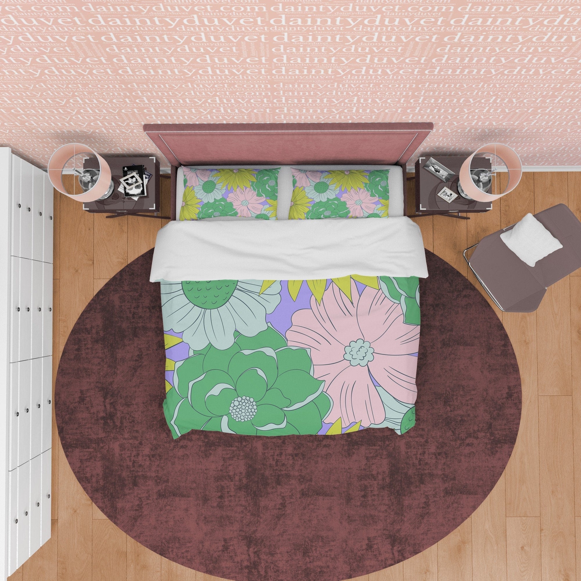 Flower Green  Boho Bedding Colorful Duvet Cover Bohemian Bedroom Set, Floral Quilt Cover, Aesthetic Bedspread, Bright Unique Room Decor