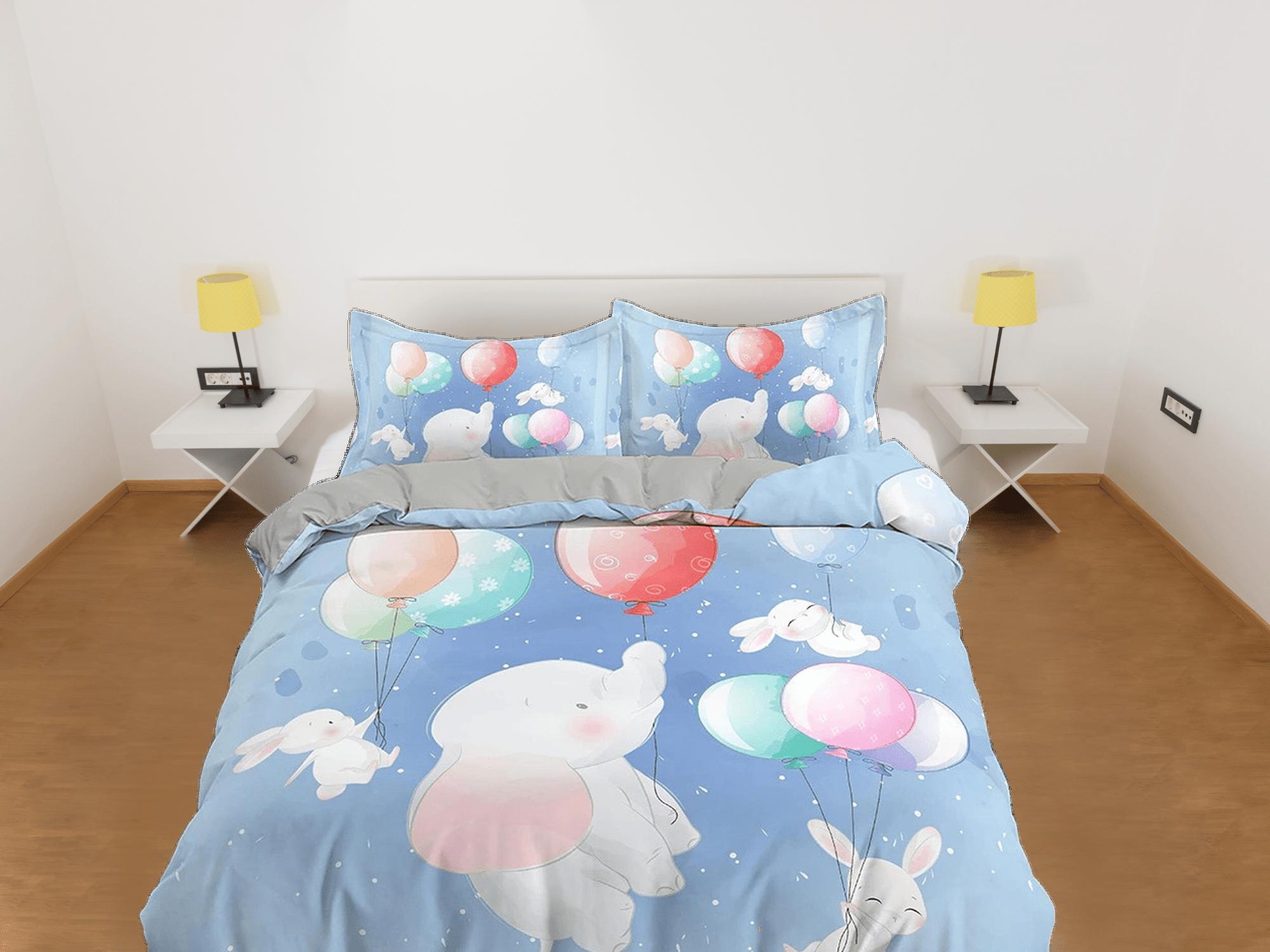 daintyduvet Flying elephant and bunny cute toddler bedding, unique duvet cover for nursery kids, crib bedding, baby zipper bedding, king queen full twin