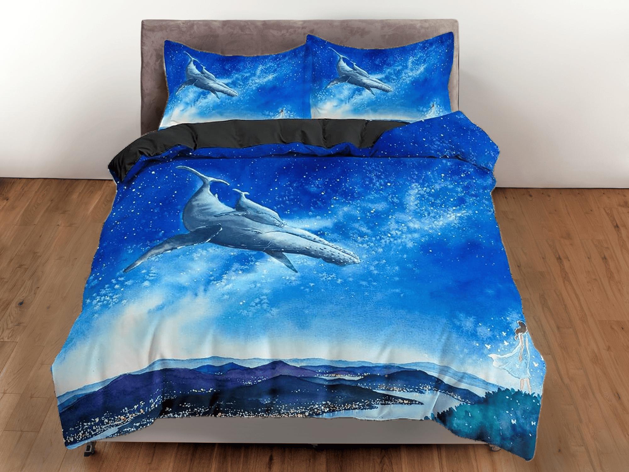 daintyduvet Flying whale bedding sky blue duvet cover, galaxy bedding set full king queen twin, college dorm bedding, celestial bedding gift
