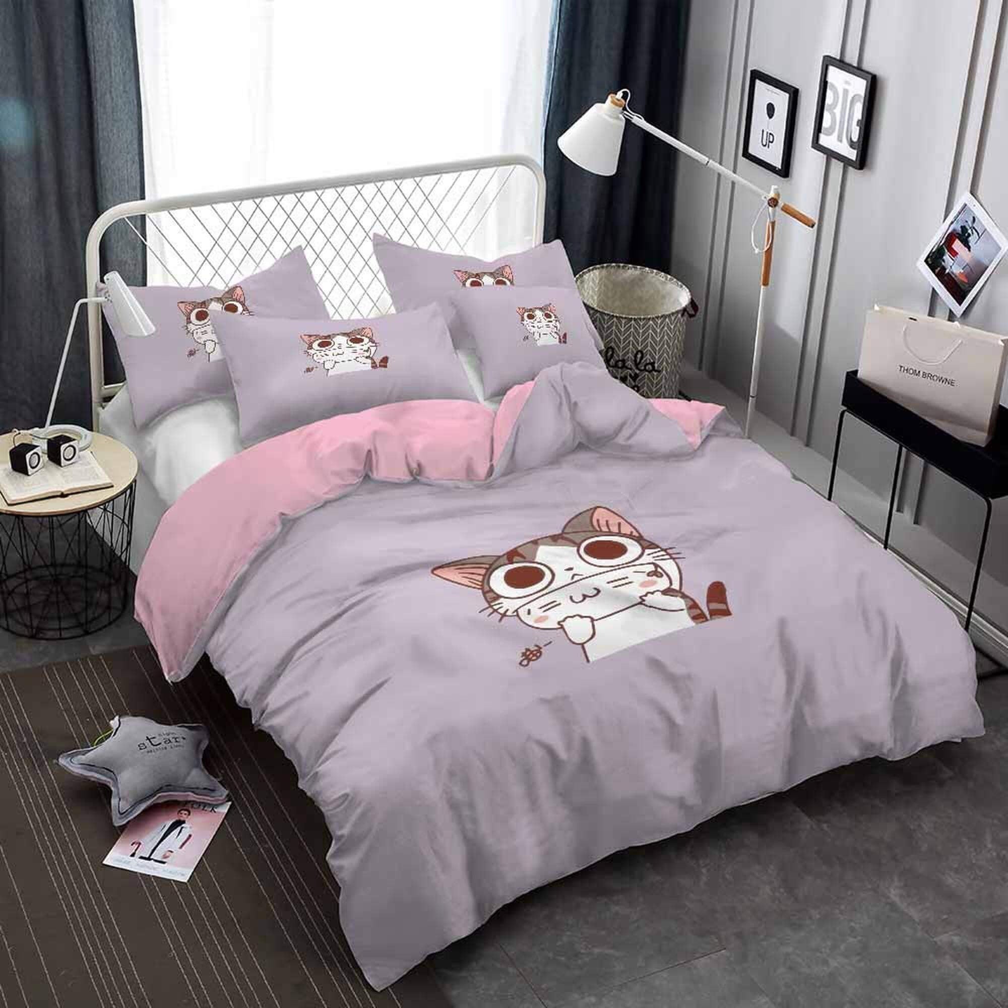 daintyduvet Funny cat purple bedding, toddler bedding, kids duvet cover set, gift for cat lovers, baby bedding, baby shower gift, cat with big eyes