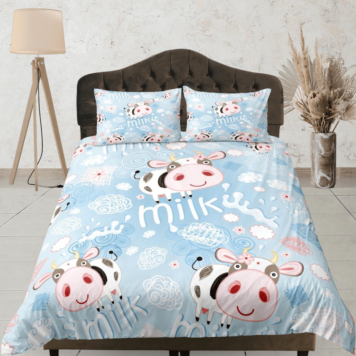 daintyduvet Funny Cow Blue Duvet Cover Set Colorful Bedspread, Kids Full Bedding Set with Pillowcase, Comforter Cover Twin