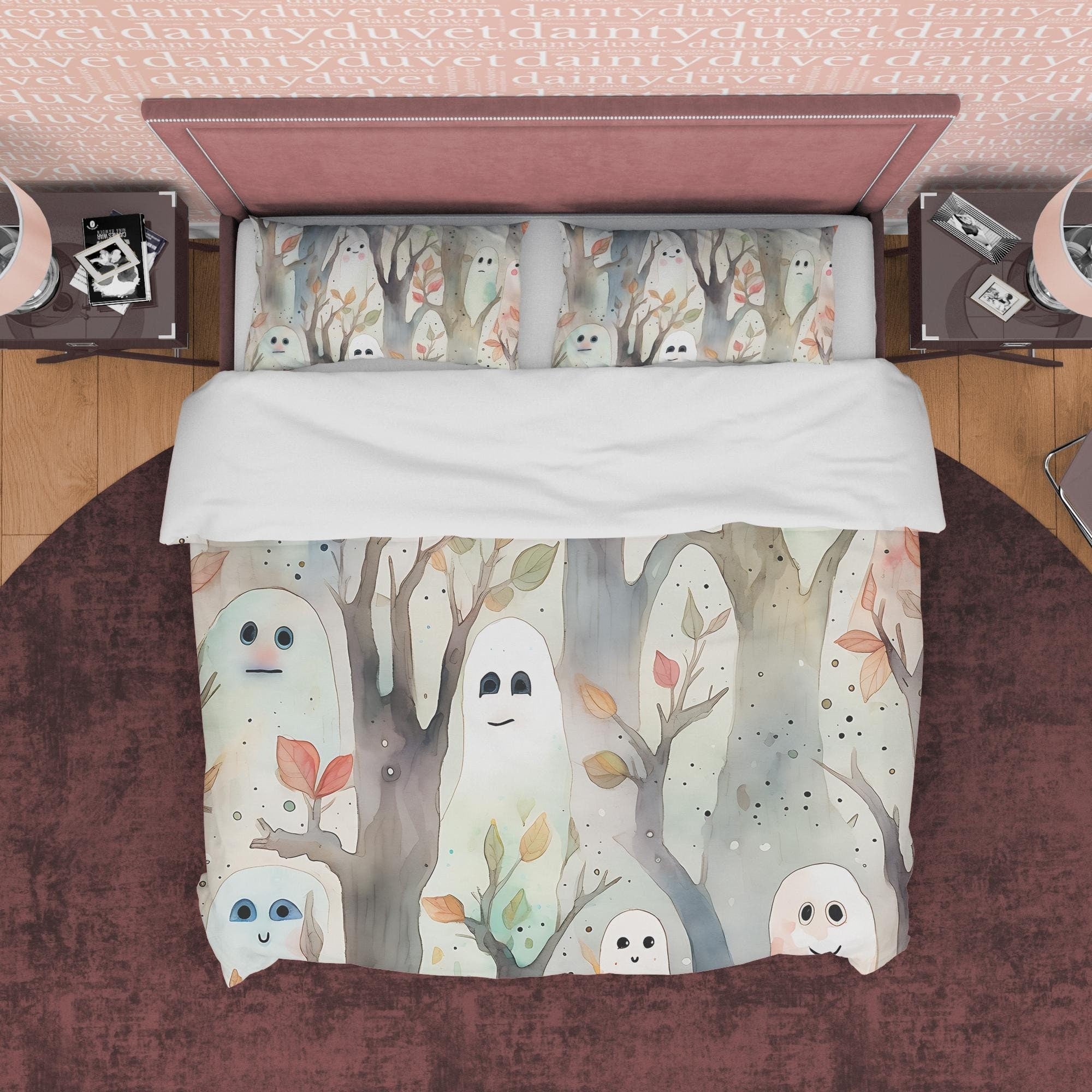 Funny Ghost Duvet Cover Set, Enchanted Forest Aesthetic Zipper Bedding, Halloween Room Decor, White Blanket Cover, Child Bedroom Quilt Cover
