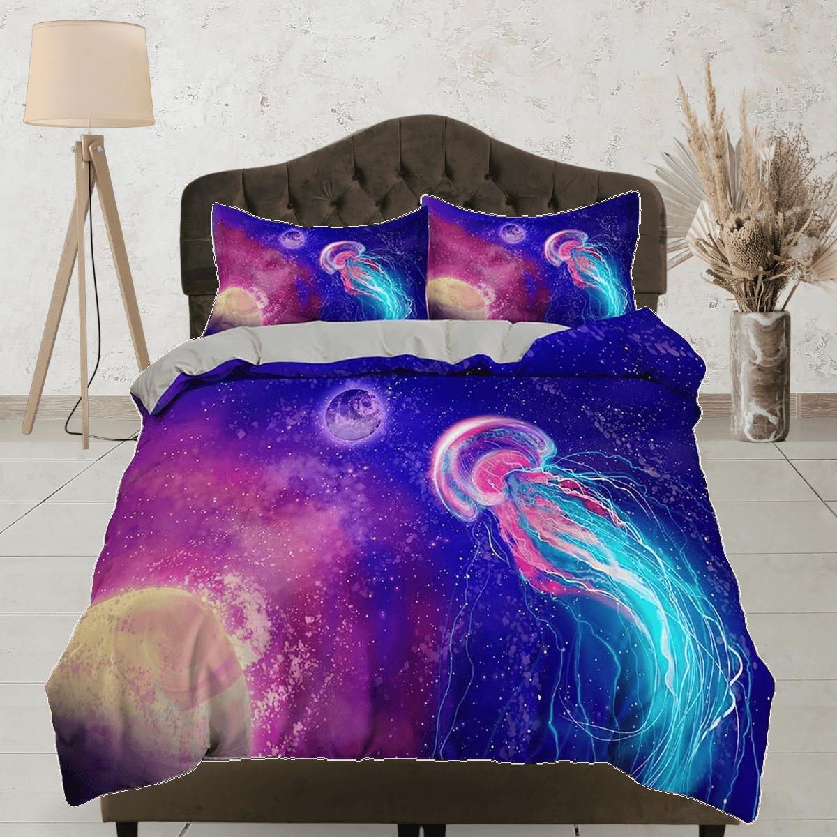daintyduvet Galaxy jellyfish bedding colorful duvet cover, ocean blush sea animal bedding set full king queen twin crib toddler, dorm bedding gift