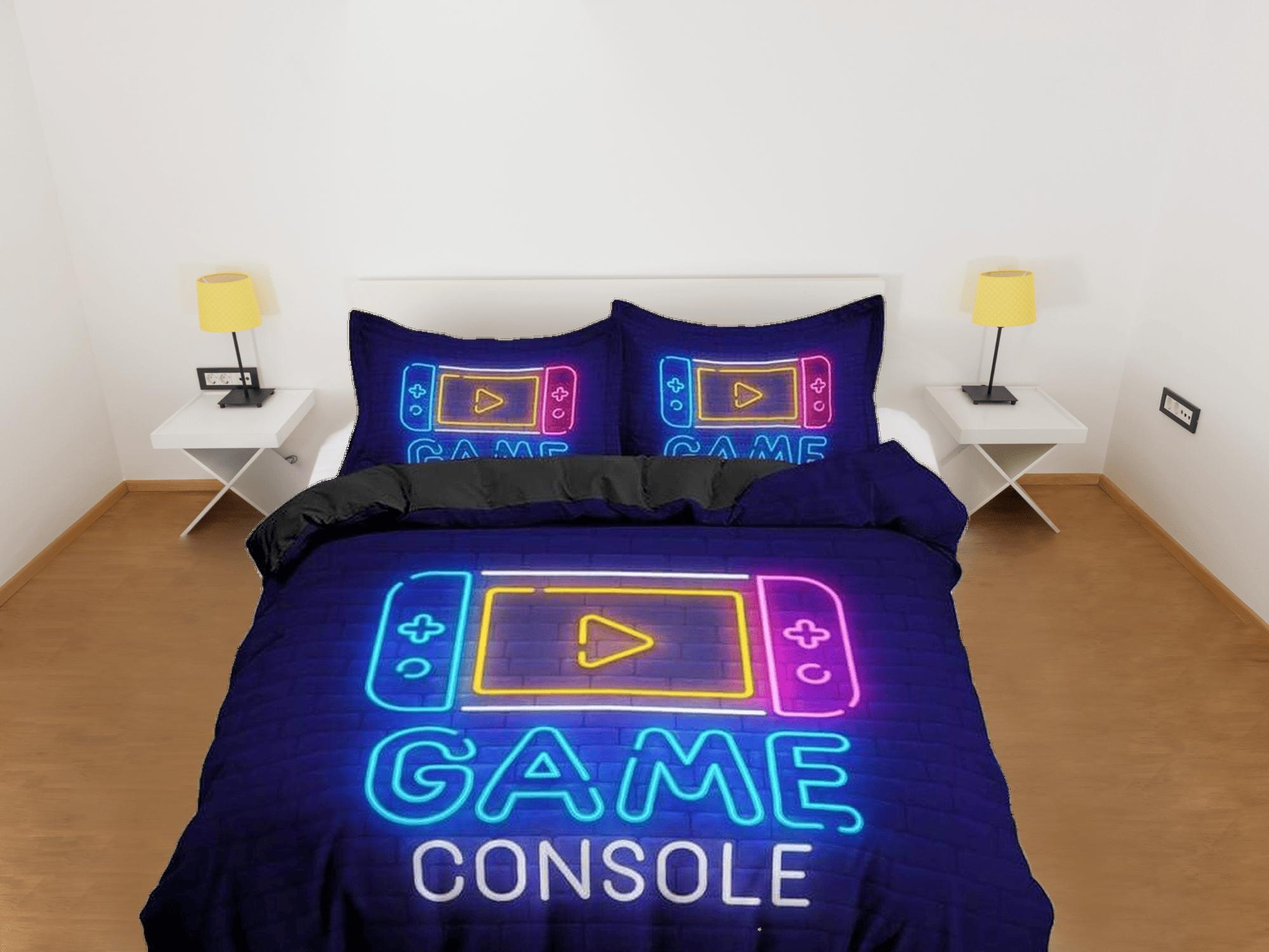 daintyduvet Game console neon lights bedding blue duvet cover, video gamer boyfriend gift bedding set full king queen twin, boys bedroom, dorm bedding