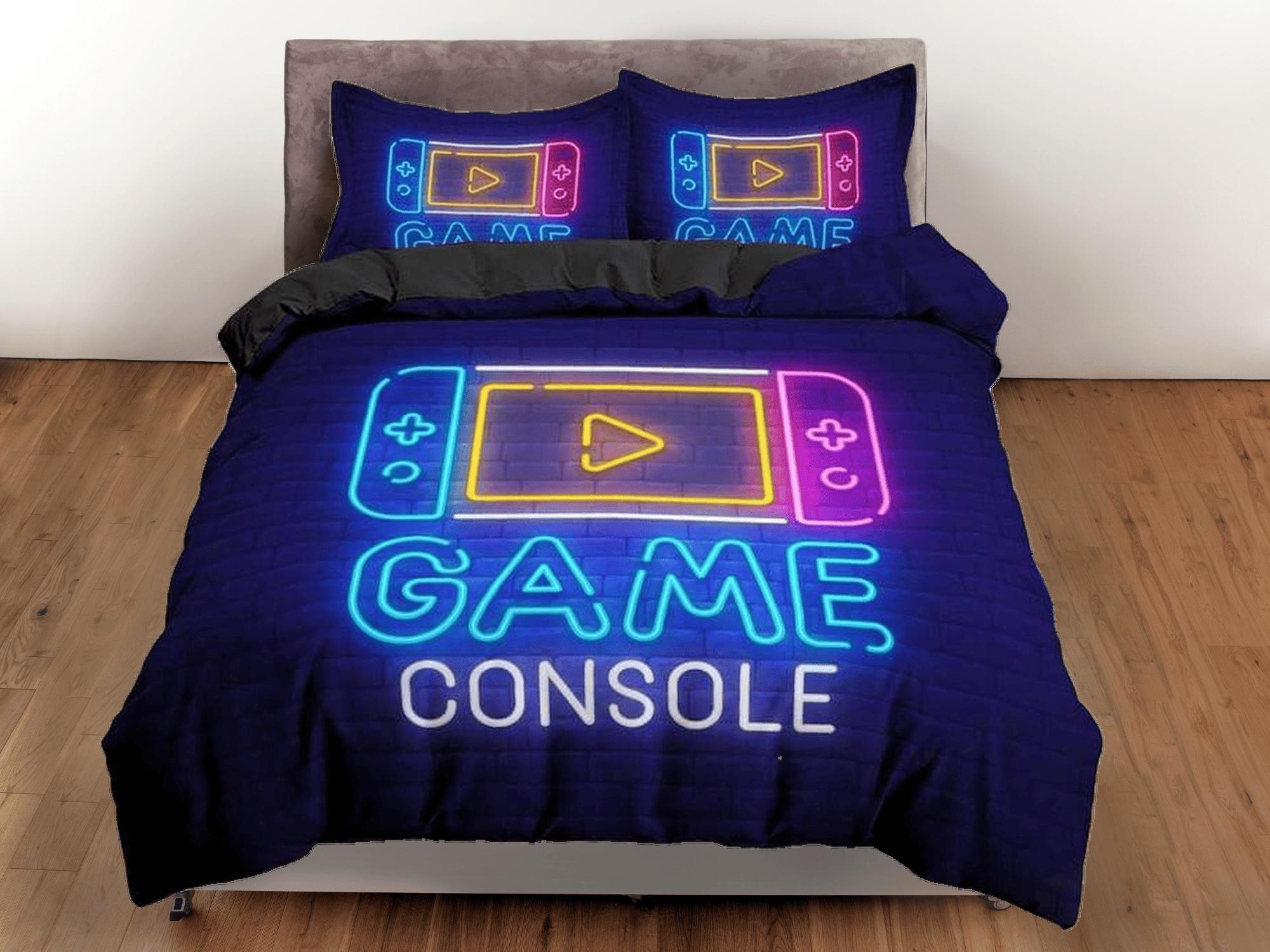 daintyduvet Game console neon lights bedding blue duvet cover, video gamer boyfriend gift bedding set full king queen twin, boys bedroom, dorm bedding
