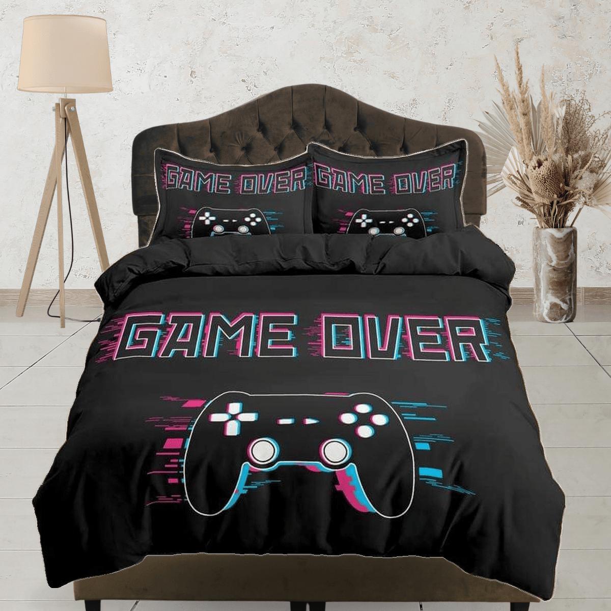 daintyduvet Game over gamer bedding black duvet cover, video gamer boyfriend gift bedding set full king queen twin, boys bedroom, college dorm bedding