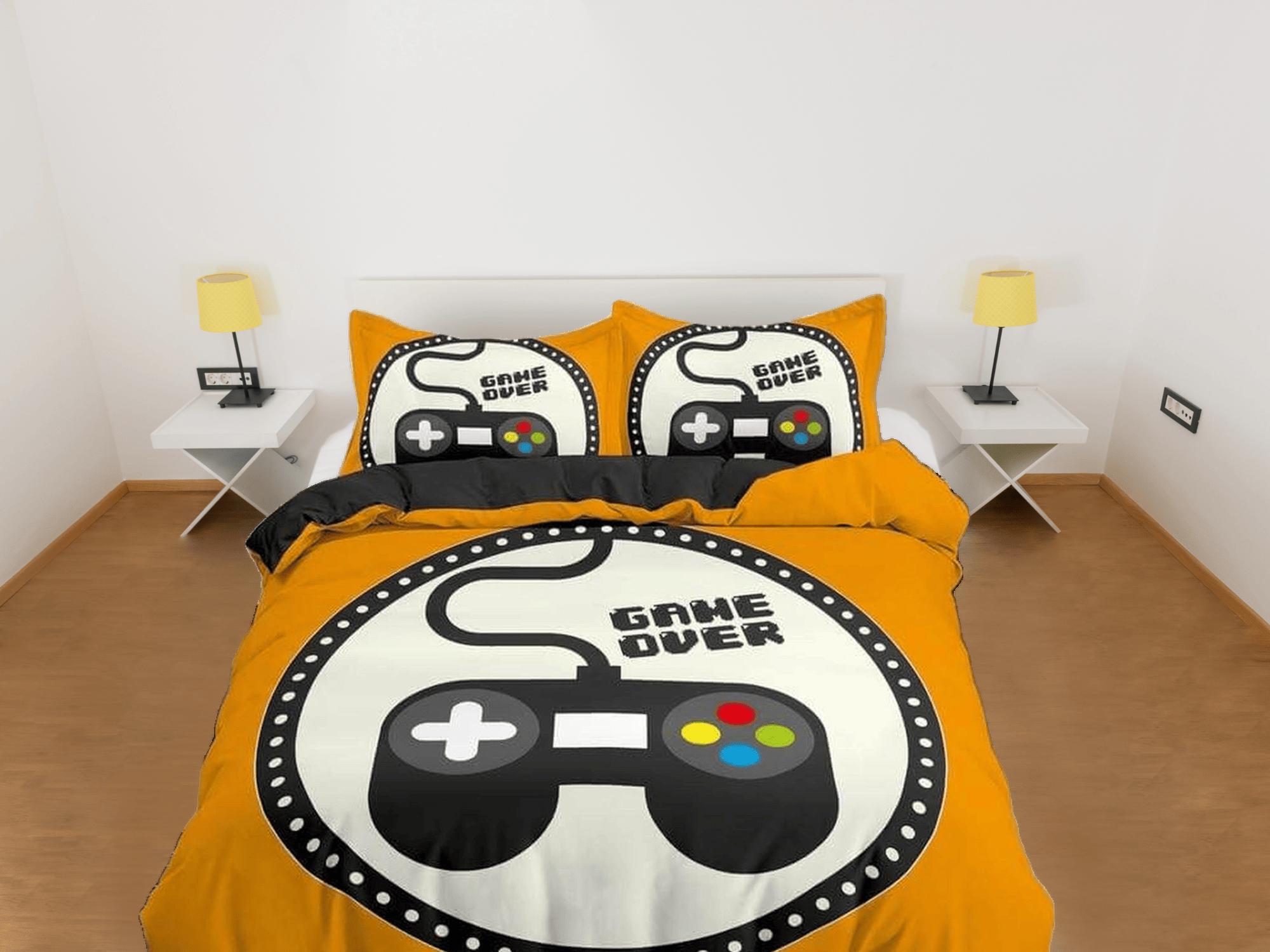 daintyduvet Game over gamer bedding yellow orange duvet cover, video gamer boyfriend gift bedding set full king queen twin, boys bedroom, dorm bedding