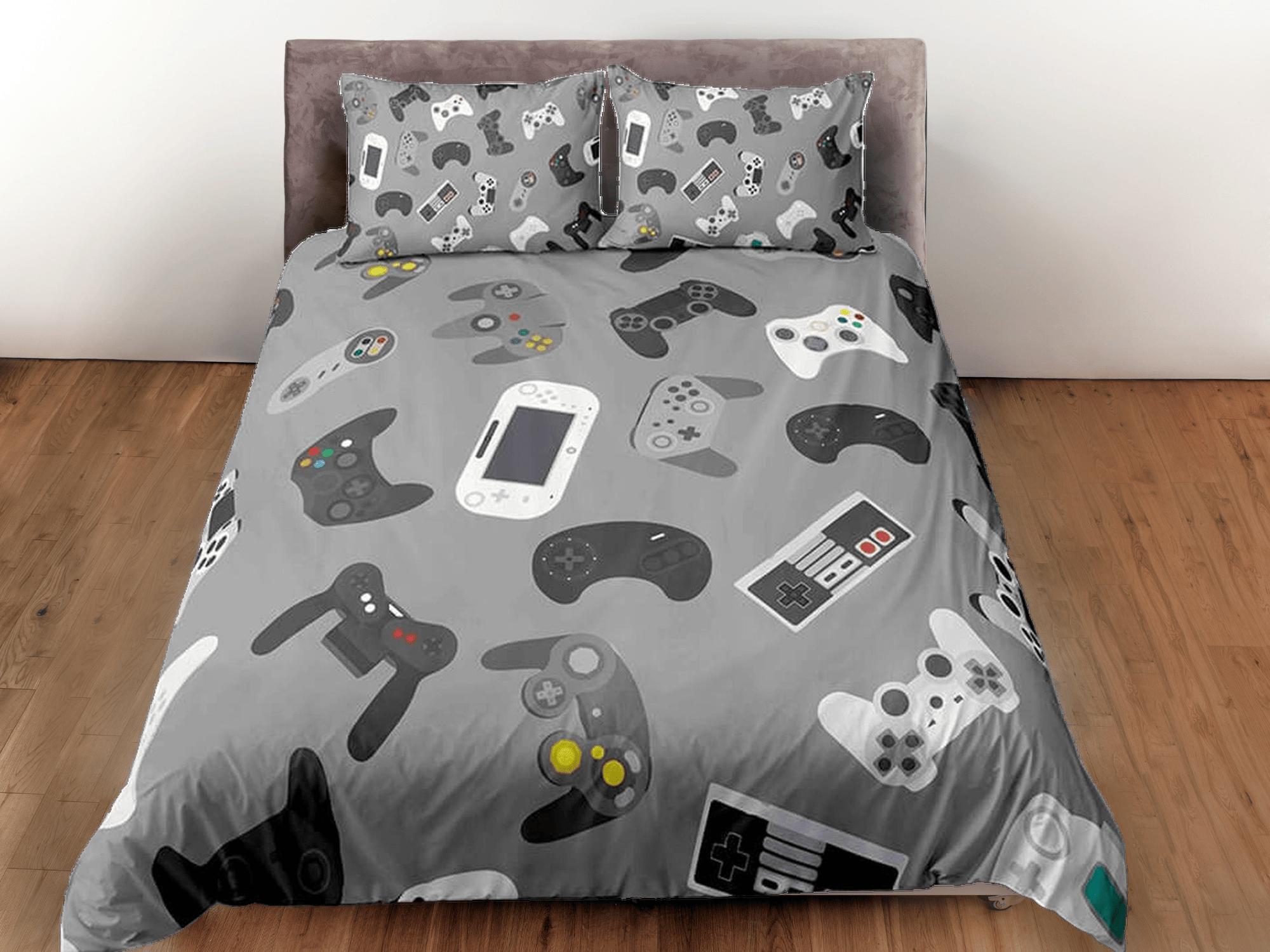 daintyduvet Gamer gadgets bedding grey duvet cover, video gamer boyfriend gift bedding set full king queen twin, boys bedroom, college dorm bedding