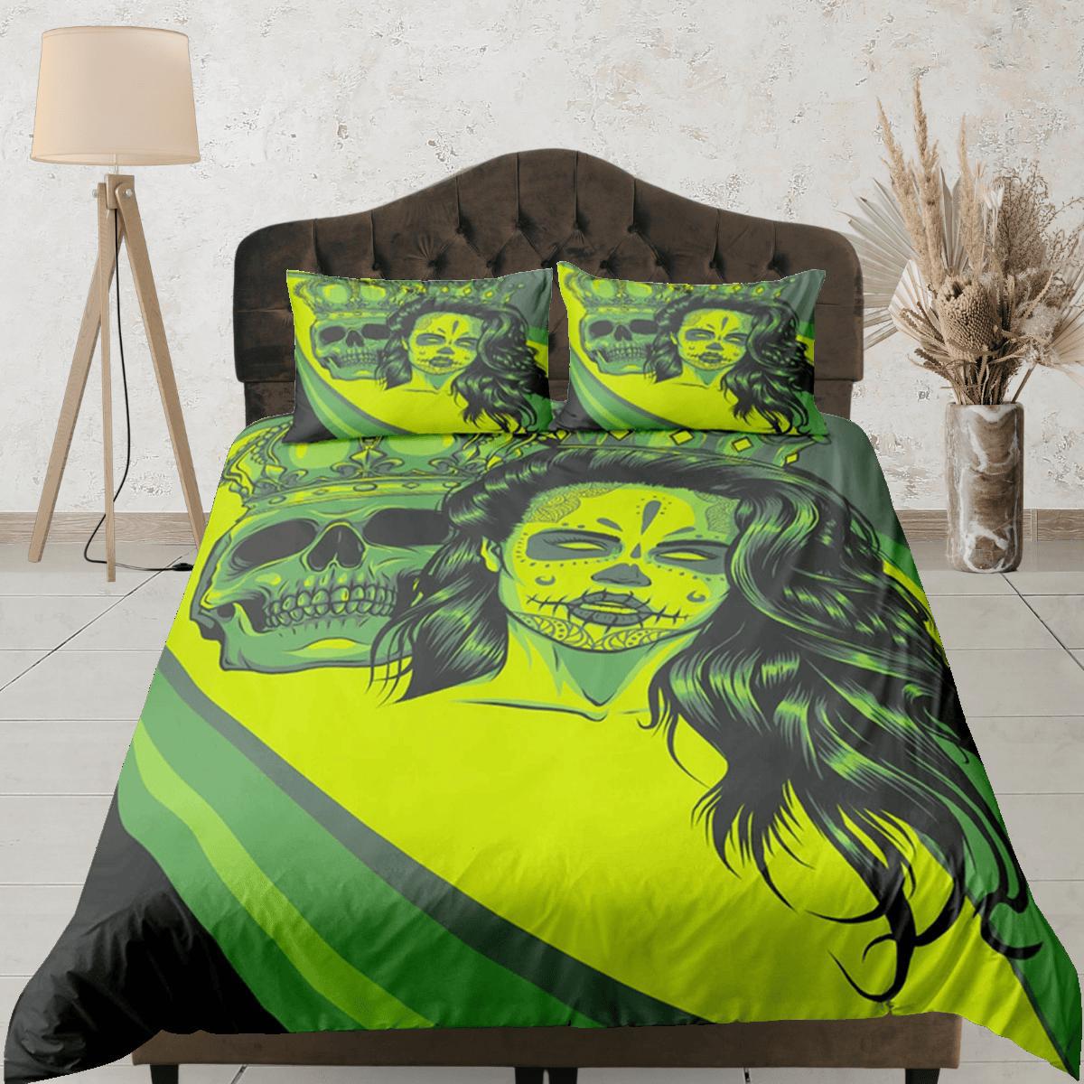 daintyduvet Gangster Skull Green Duvet Cover Set Bedspread, Dorm Bedding with Pillowcase