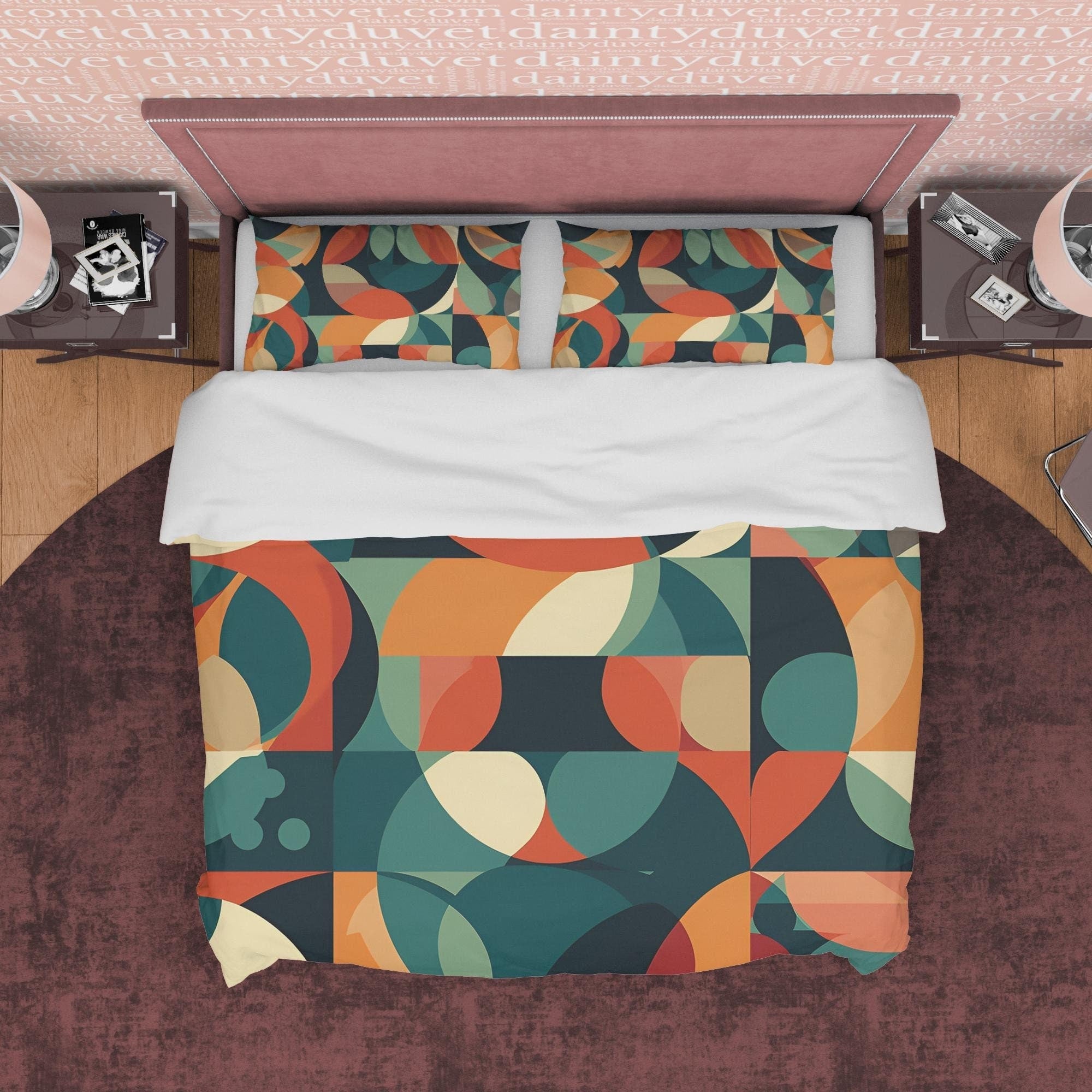 Geometric Cotton Duvet Cover, Retro Bedding Set, Abstract Botanical Color Quilt Cover, Unique Green Brown Vintage Bedspread, Zipper Bedding