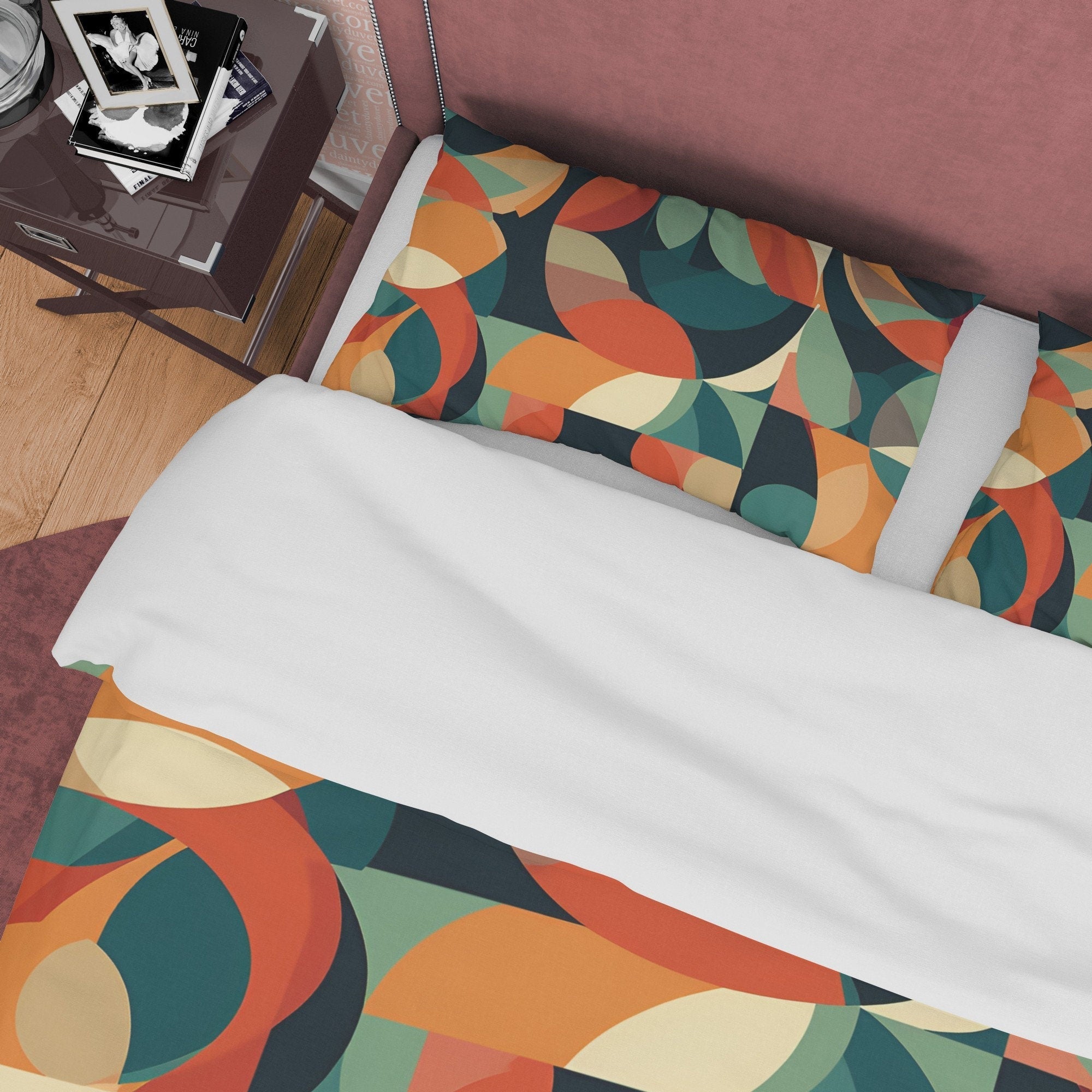Geometric Cotton Duvet Cover, Retro Bedding Set, Abstract Botanical Color Quilt Cover, Unique Green Brown Vintage Bedspread, Zipper Bedding