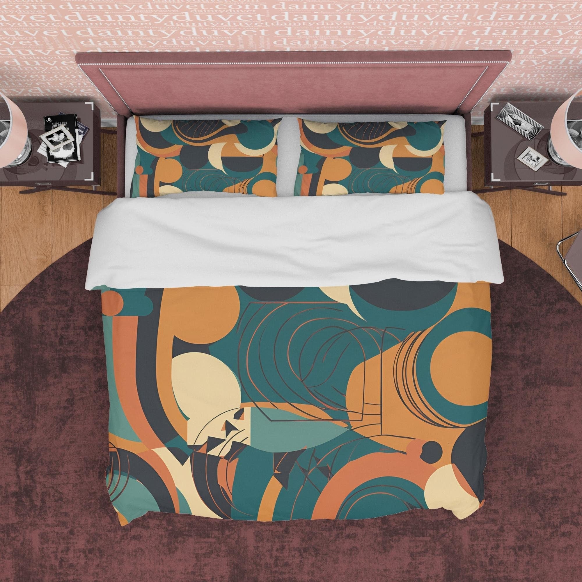 Geometric Green Retro Bedding Set, Coffee Brown Duvet Cover, Unique Vintage Pattern Quilt Cover, 70's Design Bed Cover, Zipper Bedding
