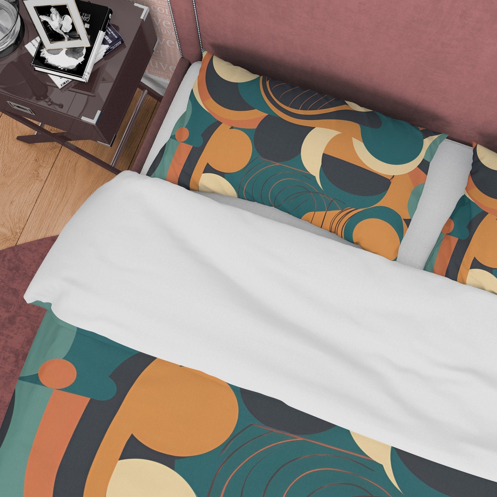 Geometric Green Retro Bedding Set, Coffee Brown Duvet Cover, Unique Vintage Pattern Quilt Cover, 70's Design Bed Cover, Zipper Bedding