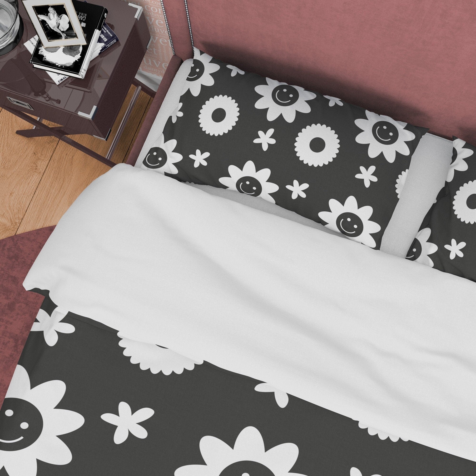 Geometric Simple Quilt Cover Black and White Duvet Cover Set, Smiley Flower Blanket Cover Floral Unique Bedspread, Retro Printed Bedding Set