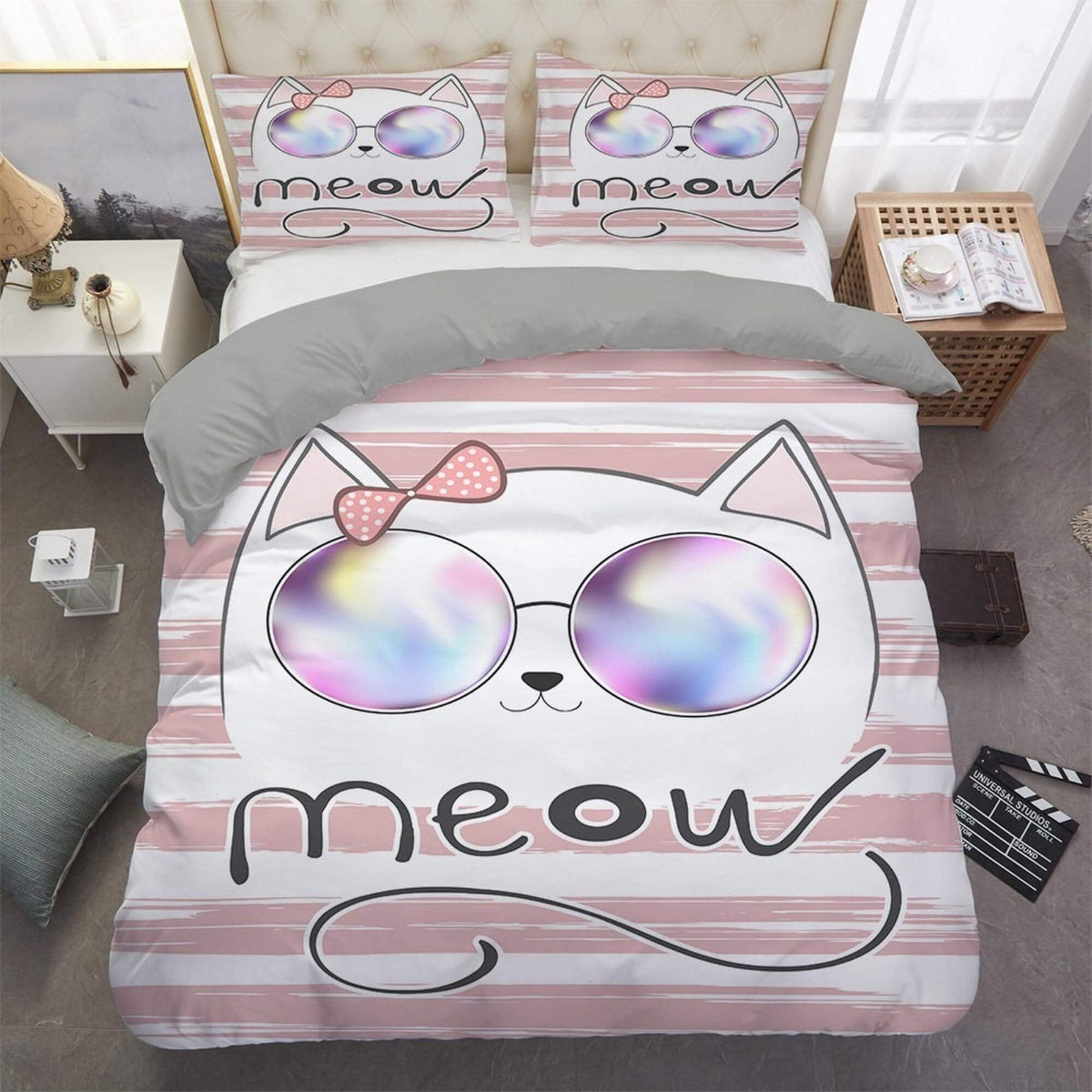 daintyduvet Girly cool cat bedding, toddler bedding, kids duvet cover set, gift for cat lovers, baby bedding, baby shower gift, pink bedding