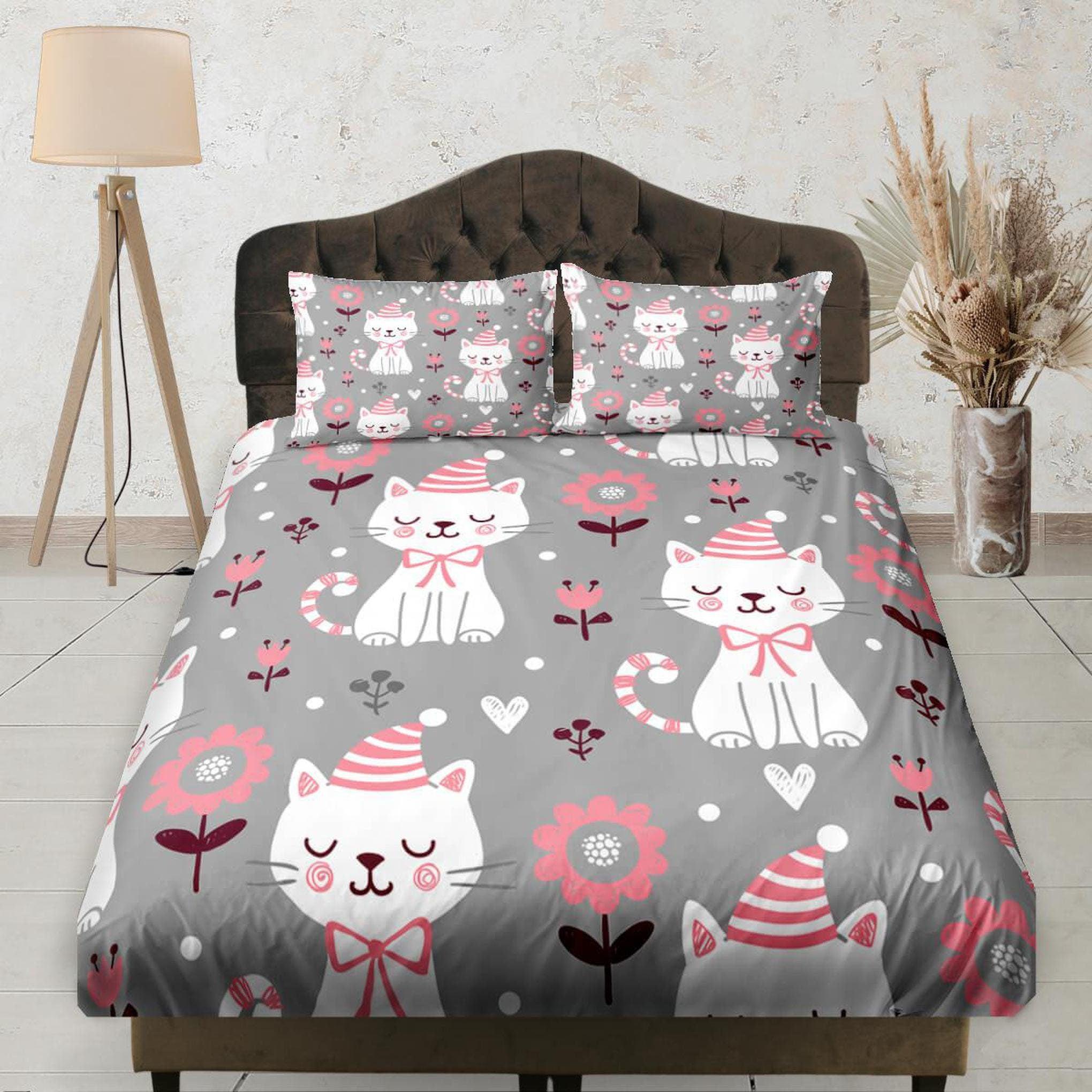 daintyduvet Girly Cute Cat Grey Fitted Sheet Deep Pocket, Aesthetic Bedding Set Full, Elastic Bedsheet, Dorm Bedding, Crib Sheet, Baby Girl Bedding