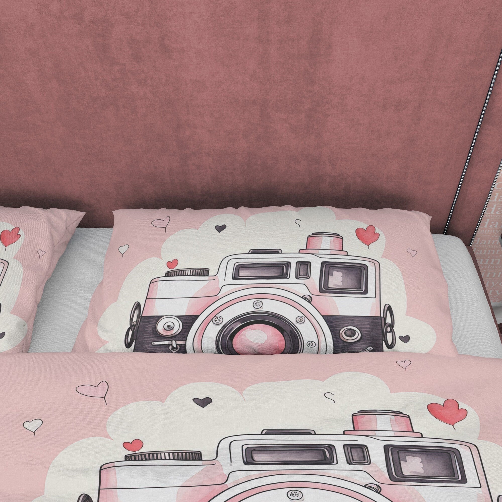 Girly Pink Retro Photography Pattern Duvet Cover Vintage Camera Bed Cover, Unique Girls Room Quilt Cover, Photographers Blanket Cover