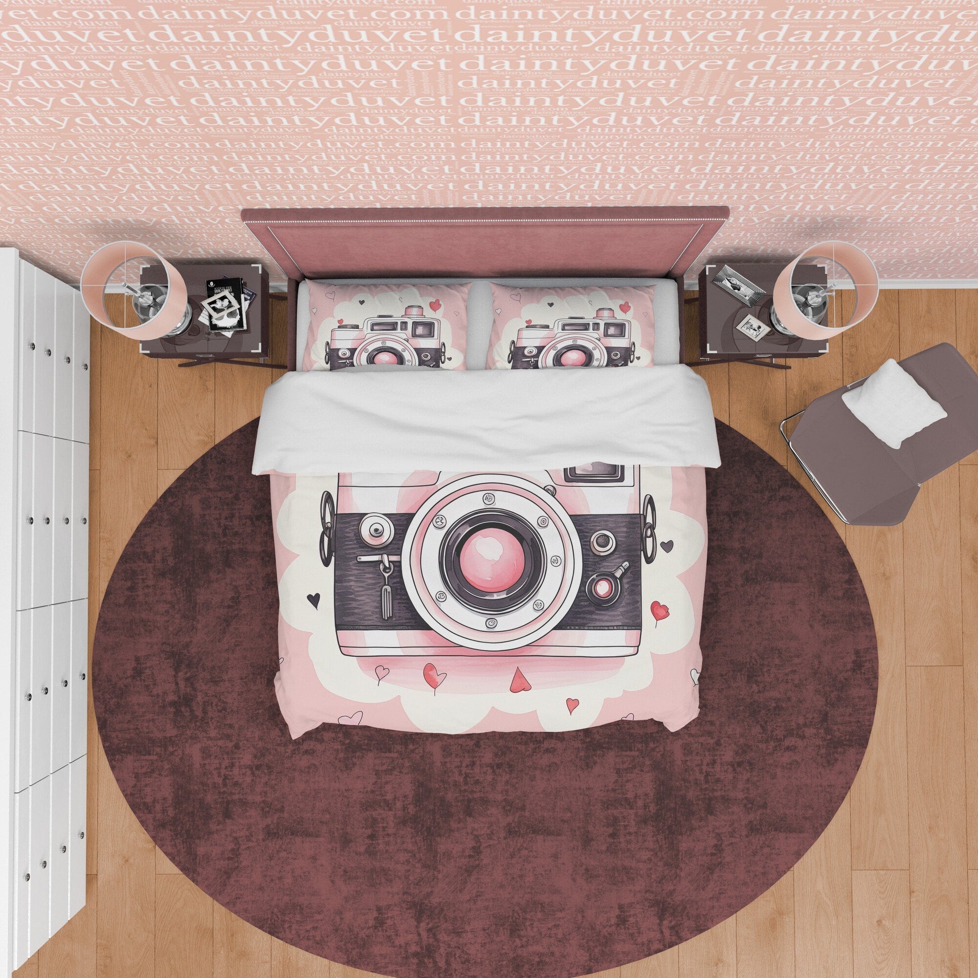 Girly Pink Retro Photography Pattern Duvet Cover Vintage Camera Bed Cover, Unique Girls Room Quilt Cover, Photographers Blanket Cover
