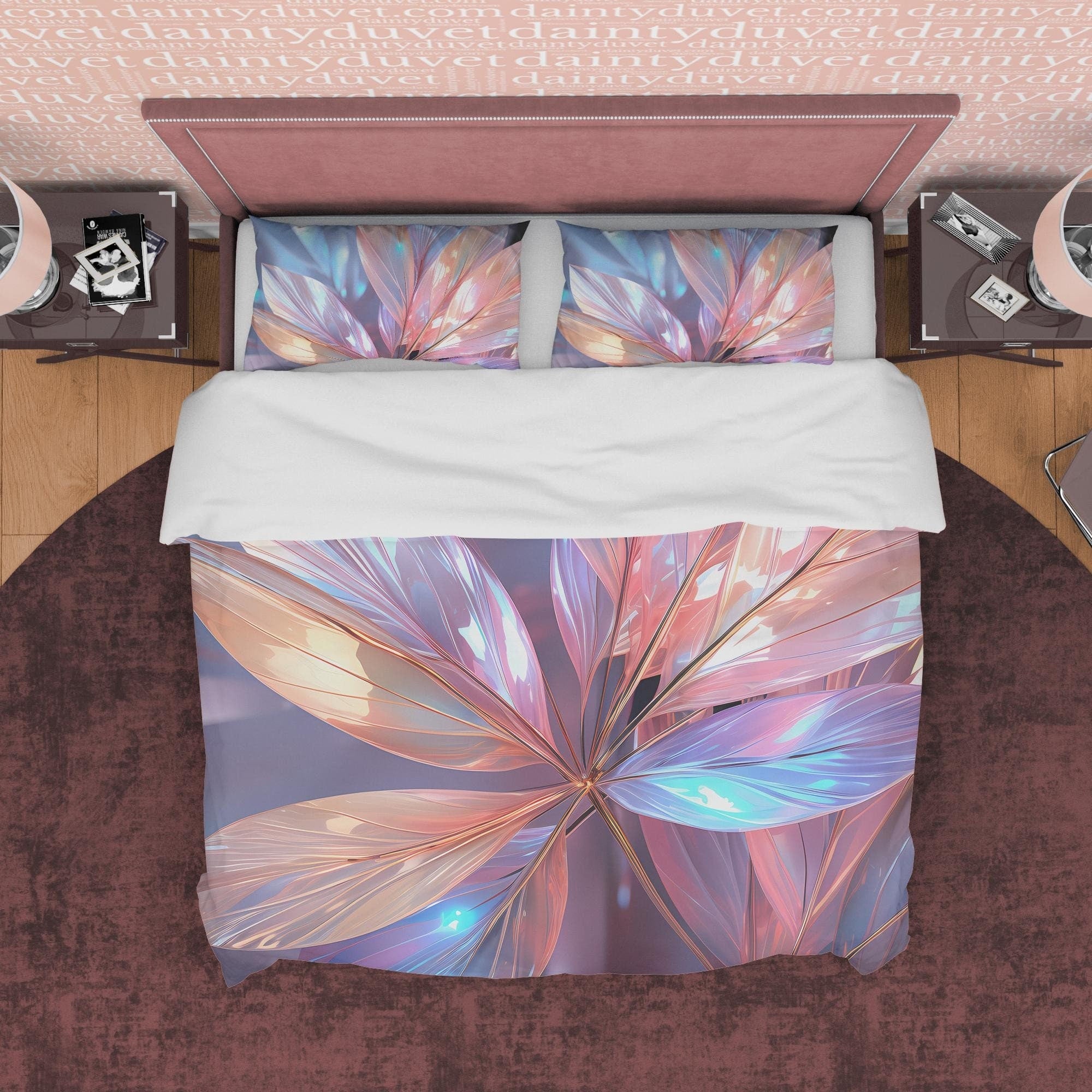 Glass Leaf Shiny Colorful Bedding Set Boho Duvet Cover, Holographic Plant Quilt Cover, Moonstone Inspired Bedspread, Galaxy Opal Bed Cover