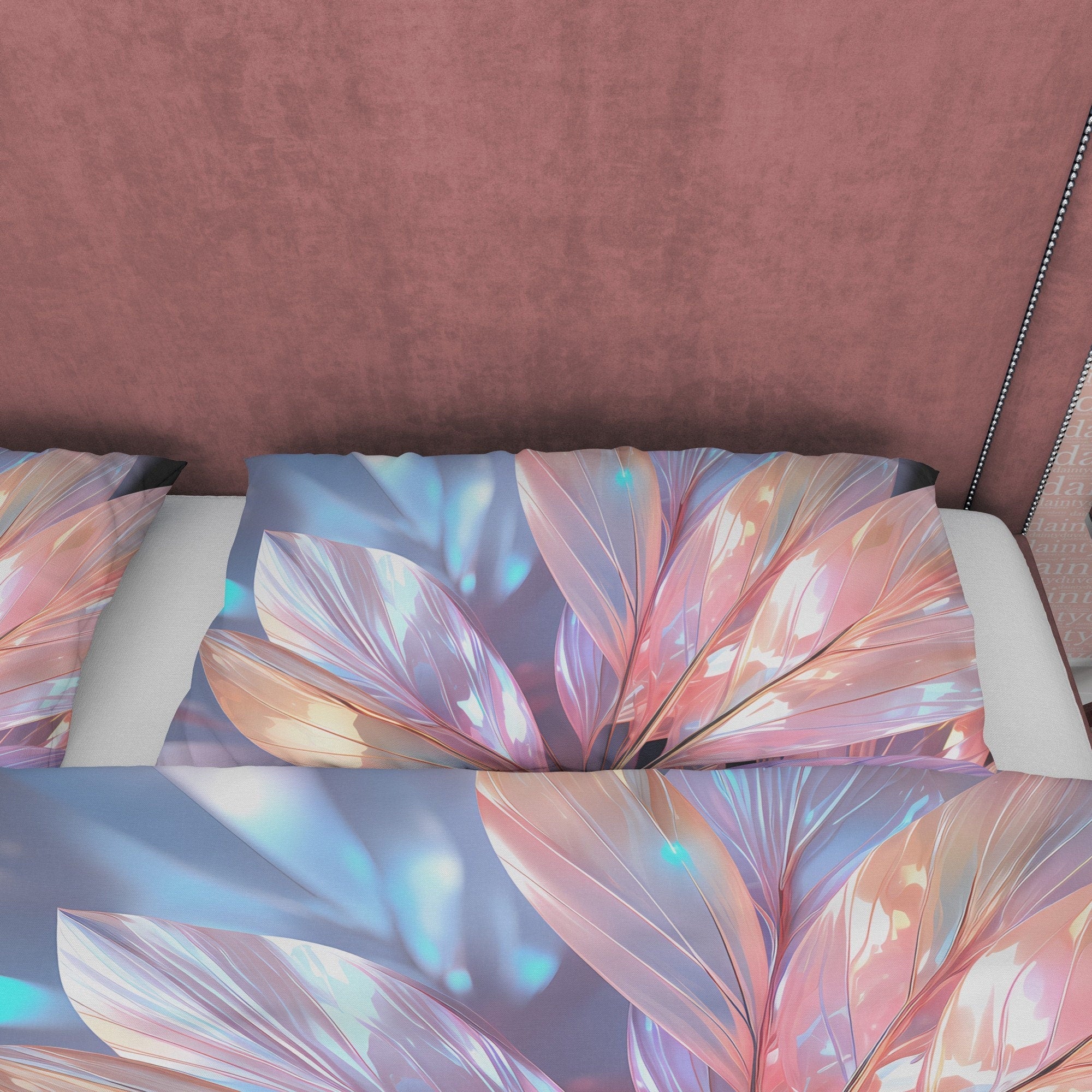 Glass Leaf Shiny Colorful Bedding Set Boho Duvet Cover, Holographic Plant Quilt Cover, Moonstone Inspired Bedspread, Galaxy Opal Bed Cover