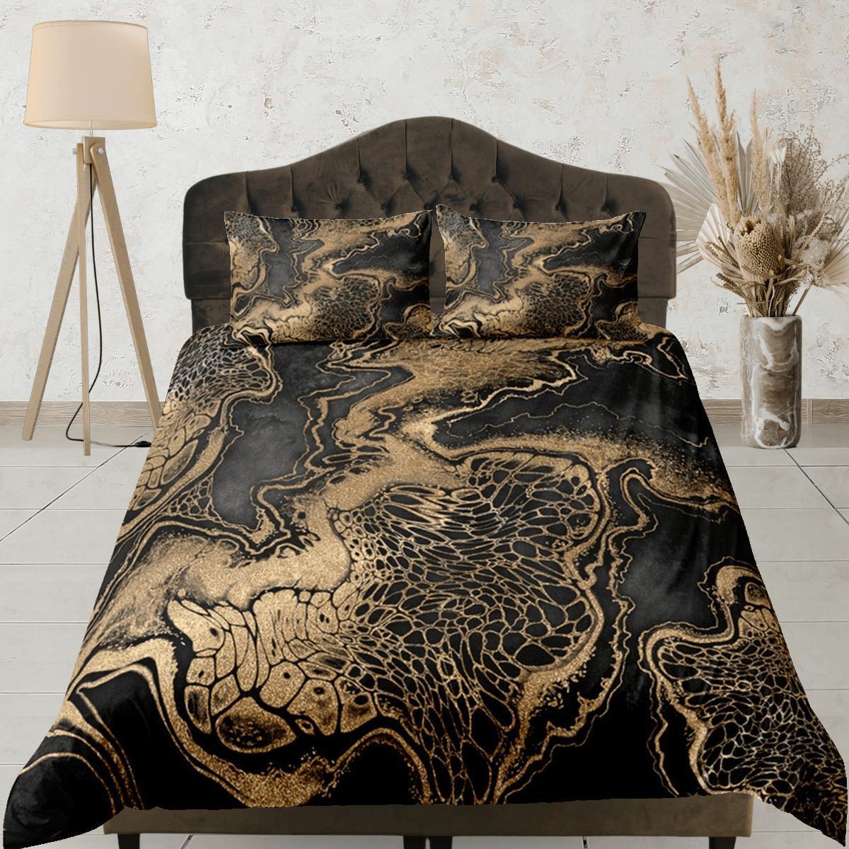 daintyduvet Gold Marble Swirl Black Duvet Cover Set Colorful Bedspread, Dorm Bedding & Pillowcase, King Duvet Cover Full, Comforter Queen