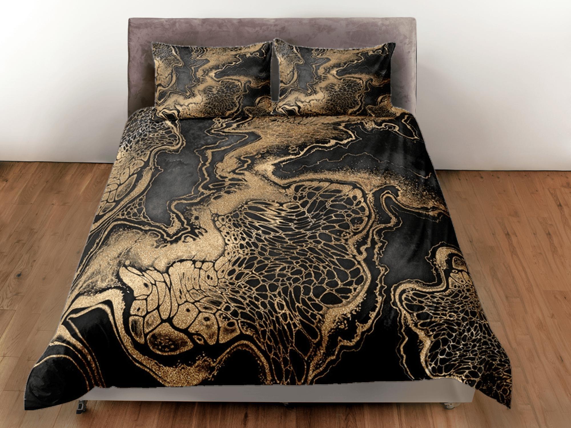 daintyduvet Gold Marble Swirl Black Duvet Cover Set Colorful Bedspread, Dorm Bedding & Pillowcase, King Duvet Cover Full, Comforter Queen