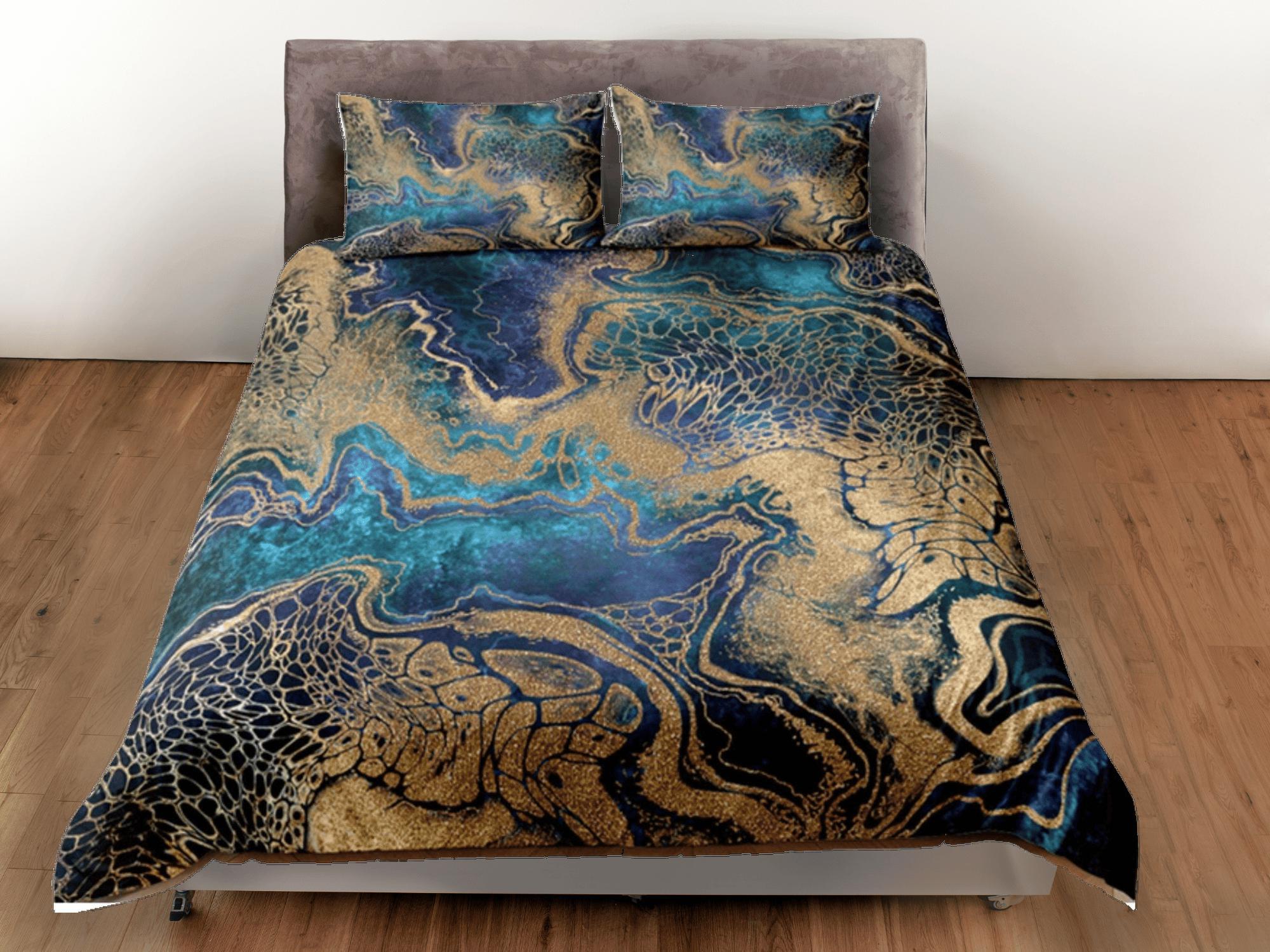 daintyduvet Gold Marble Swirl Blue Duvet Cover Set Colorful Bedspread, Dorm Bedding & Pillowcase, King Duvet Cover Full, Comforter Queen
