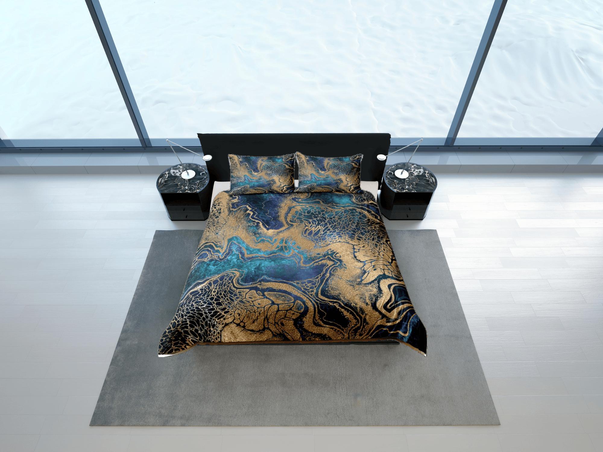 daintyduvet Gold Marble Swirl Blue Duvet Cover Set Colorful Bedspread, Dorm Bedding & Pillowcase, King Duvet Cover Full, Comforter Queen