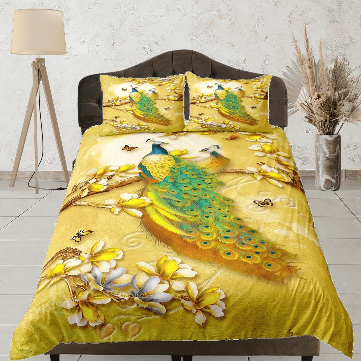 daintyduvet Golden bedding with peacock decor aesthetic duvet cover set full, luxury bedding set queen, king, boho duvet, designer bedding, maximalist